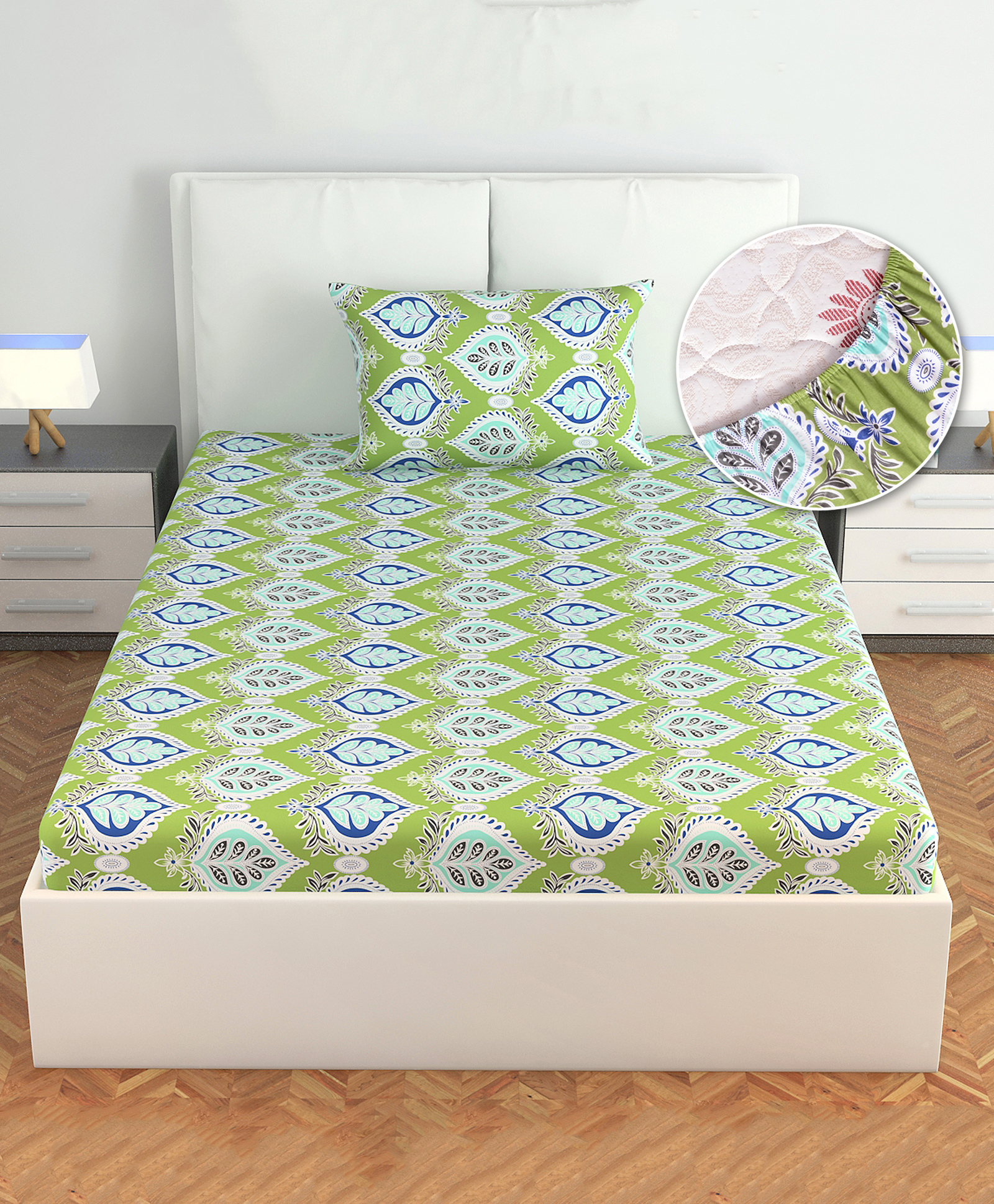 Divine Casa 144 TC 100% Cotton Single Bed Elastic Fitted Bedsheet | Floral Forest Green Design, Soft & Durable for Comfortable Sleep-image-32