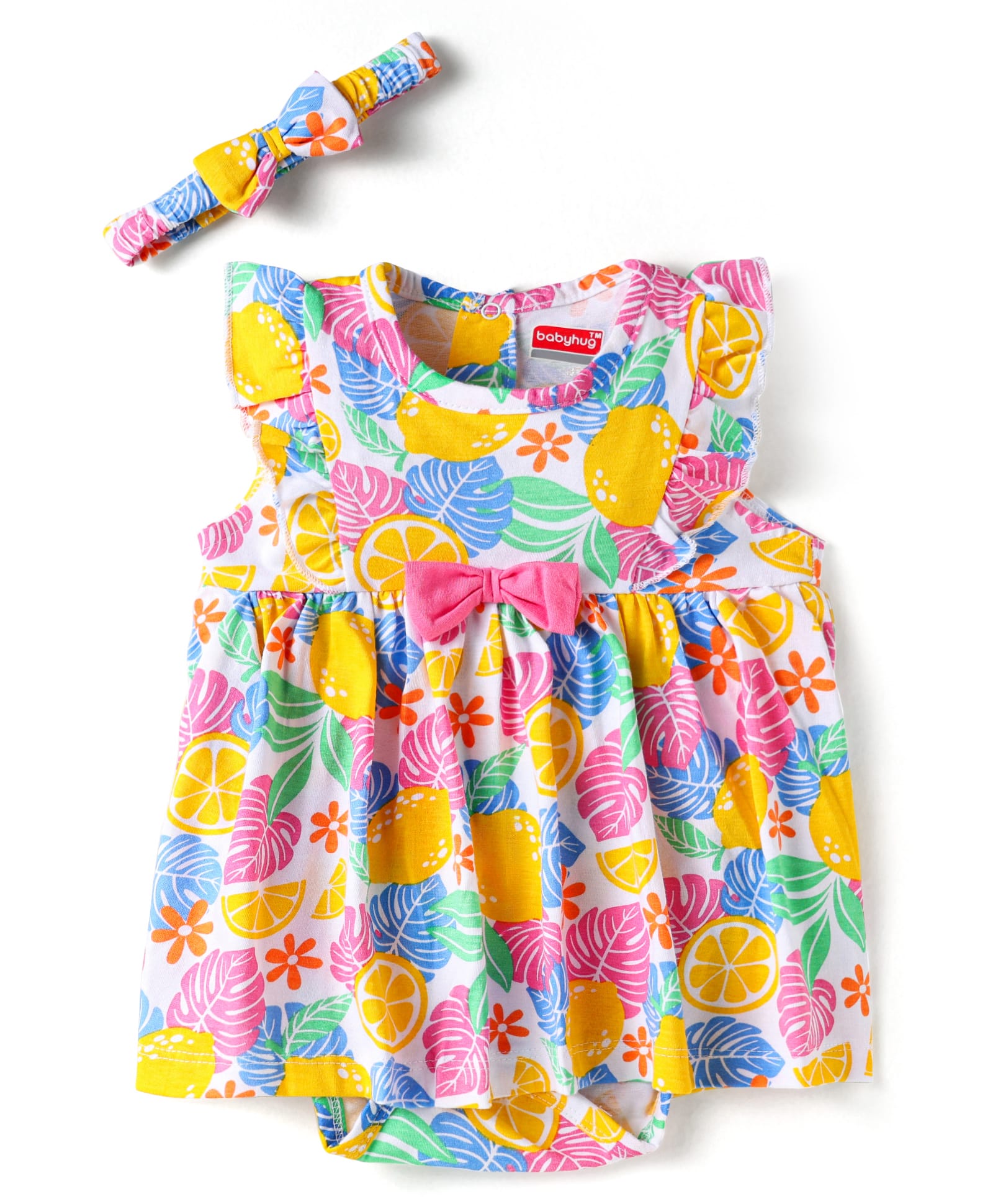 Babyhug 100% Cotton Knit Sleeveless Printed Onesies With Hairband - Yellow-image-9