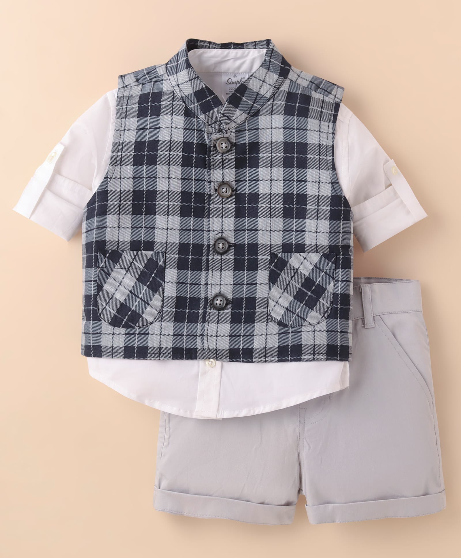 Simply Premium Cotton Woven Full Sleeves Party Shirt & Shorts with Checkered Jacket - Grey-image-14
