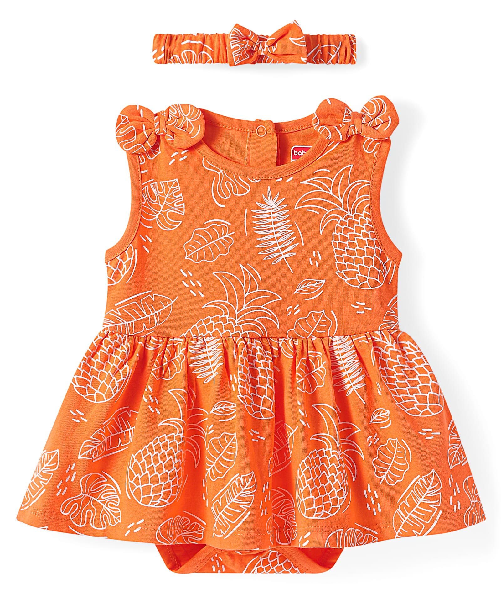 Babyhug 100% Cotton Knit Sleeveless Tropical Theme Printed Frock Style Onesie with Headband & Bow Applique - Orange-image-12