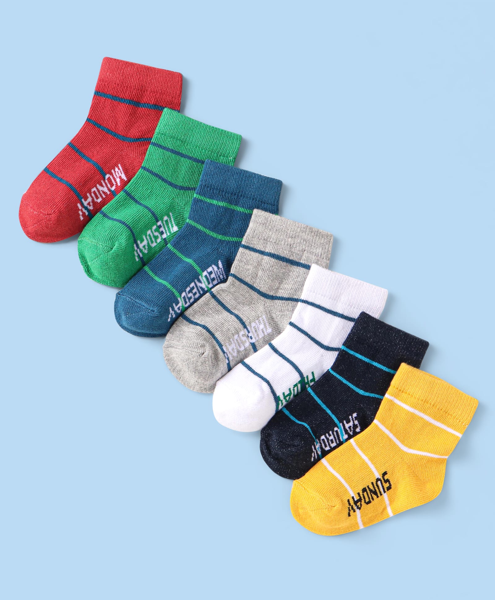 Cute Walk By Babyhug Knit Ankle Length Anti-Bacterial Socks with Stripe Design Pack of 7 - Yellow Gray & Navy Blue-image-23