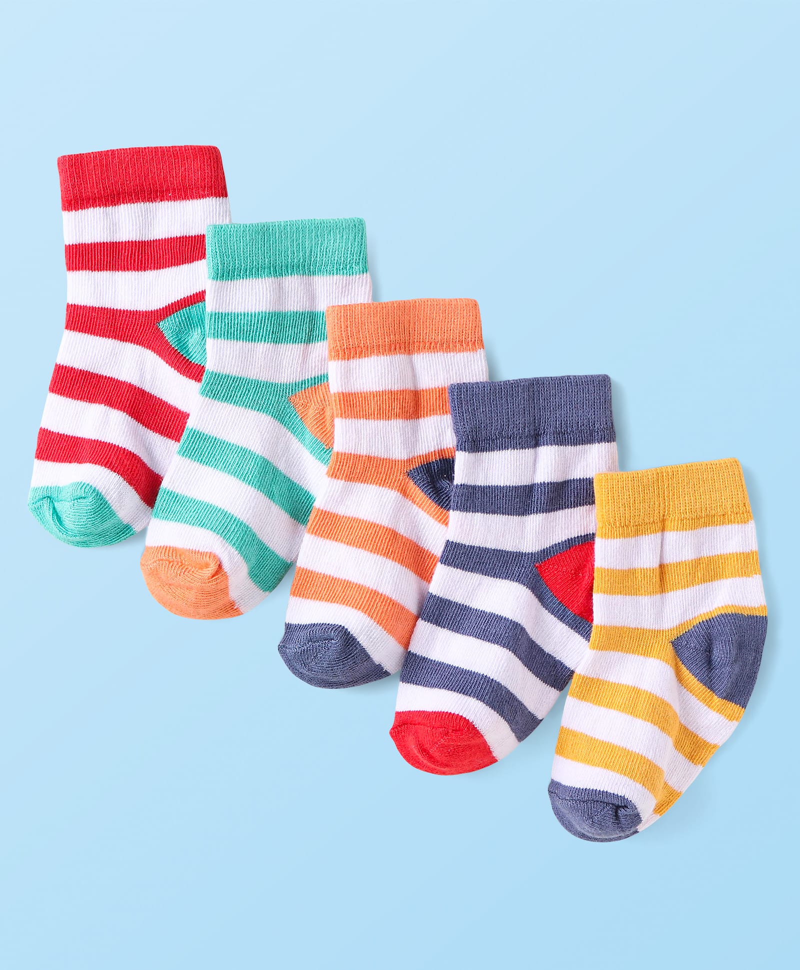 Cute Walk By Babyhug Knit Ankle Length Anti-Bacterial Socks with Stripes Pack of 5 - Yellow Green & Coral-image-49
