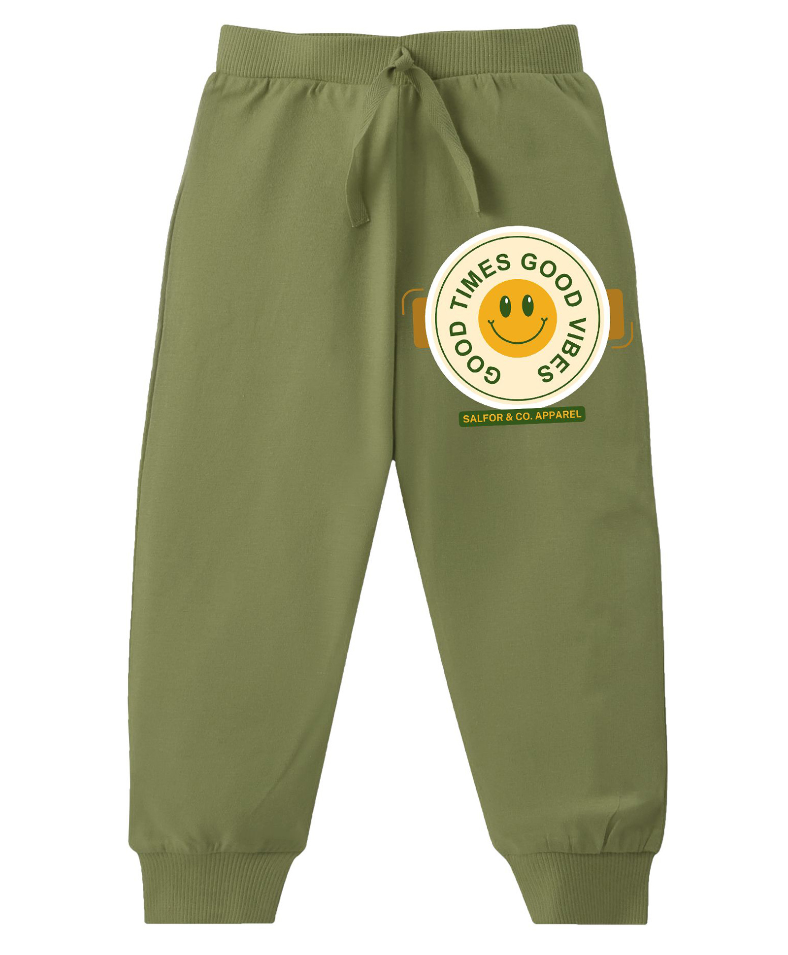 KAVEE Pure Cotton Terry Biowashed Good Times Good Vibes Text Printed Joggers- Olive Green-picture-11