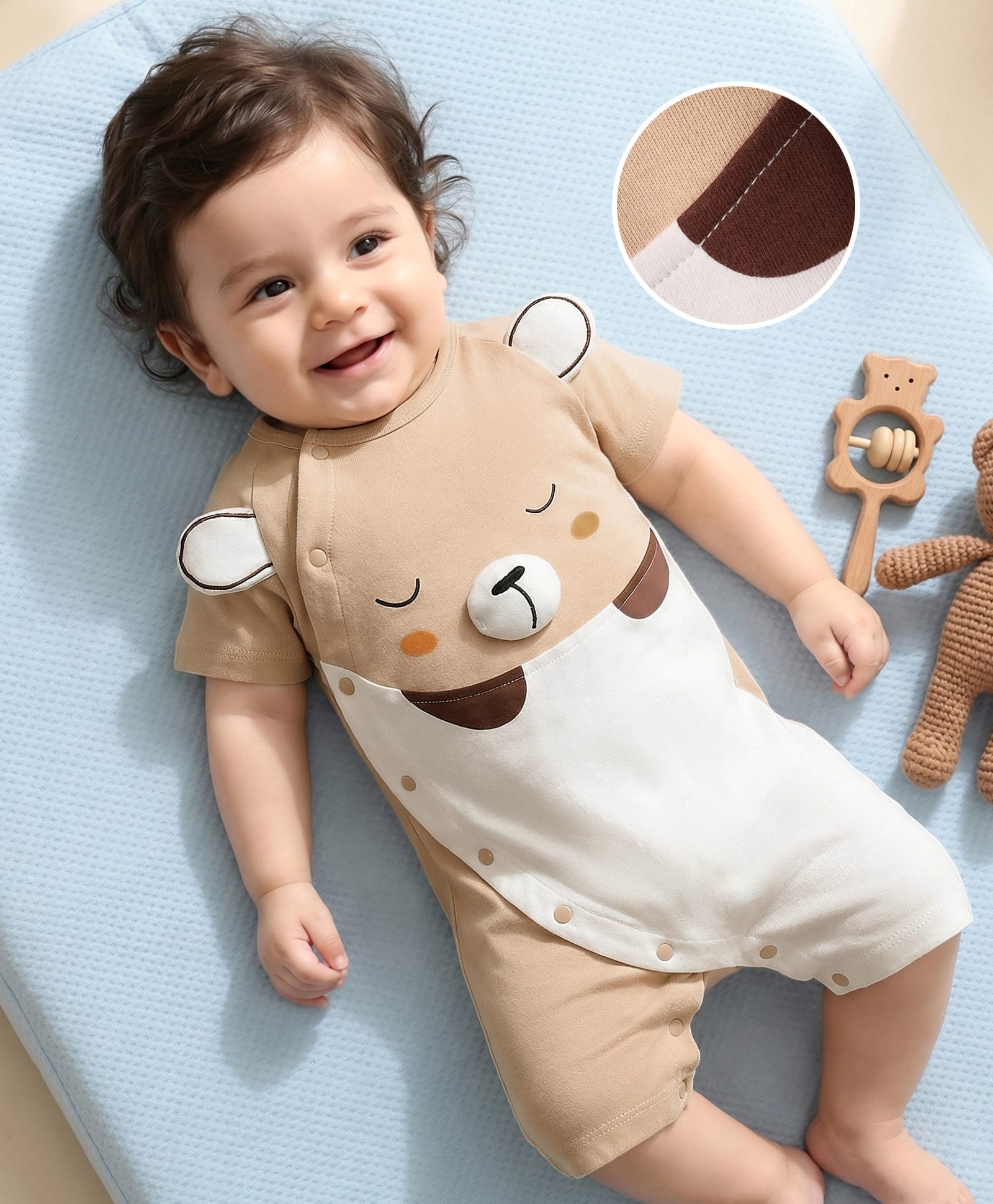 Mark & Mia Cotton Knit Half Raglan Sleeves Romper With Ear & Bear Graphic Detailing - Tan-image-27