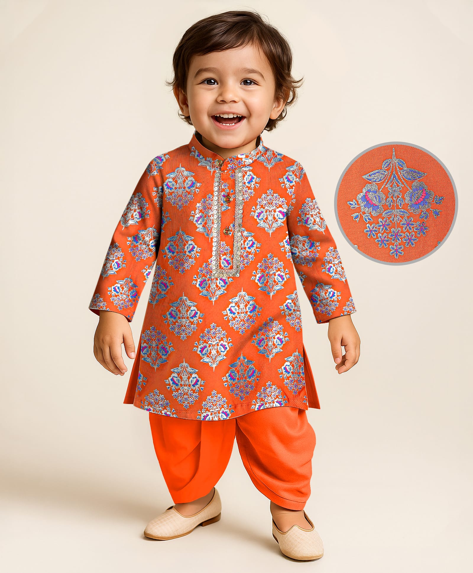 Earthy Touch Single Jersey Knit Full Sleeves Kurta Dhoti Set withFoil Print - Orange-picture-28
