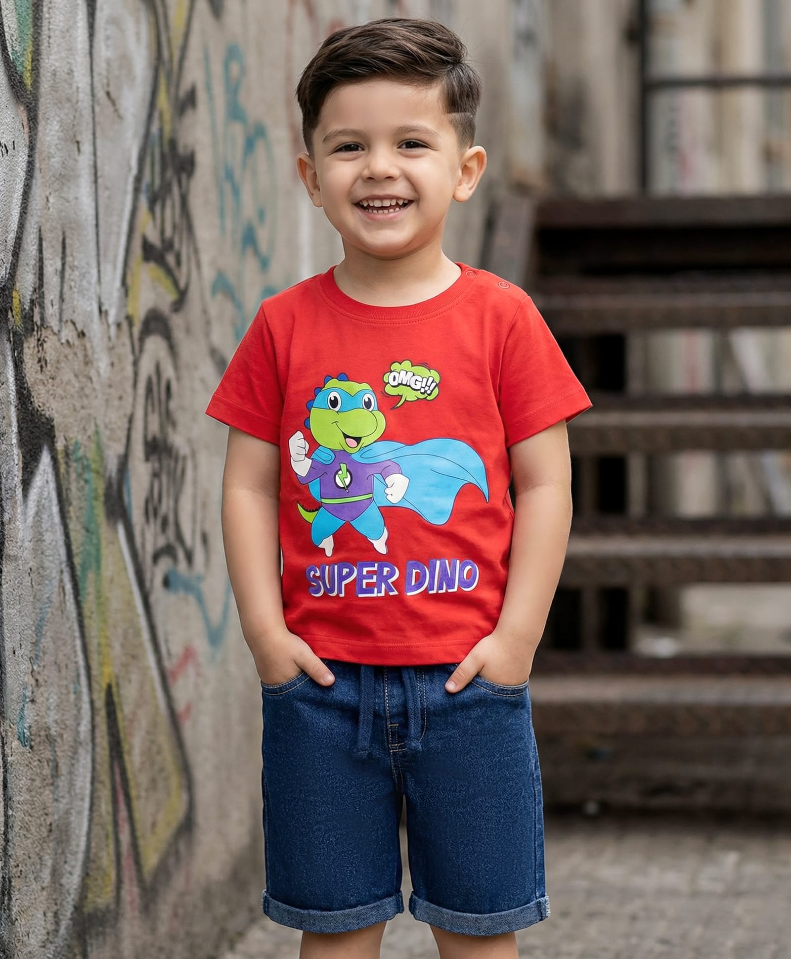 Babyhug Single Jersey Knit Half Sleeves T-Shirt & Denim Shorts Set With Dino Print - Red & Blue-picture-18