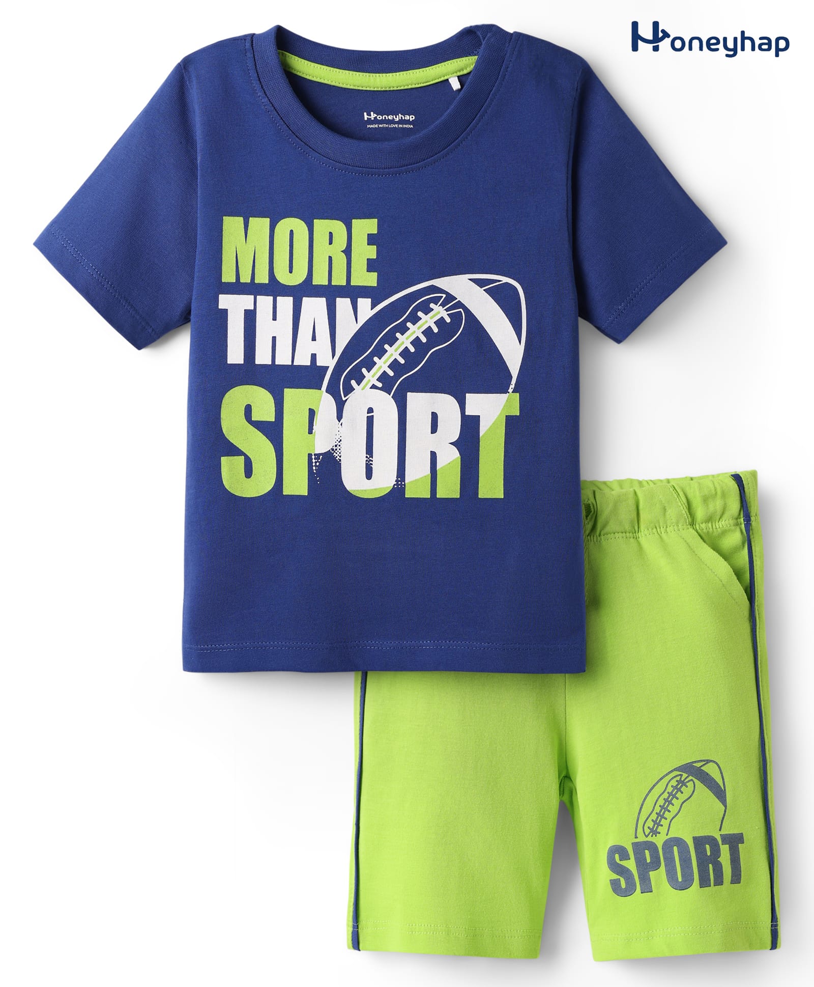 Honeyhap Premium 100% Cotton Knit Half Sleeves Shorts Night Suit with Bio Finish & Sport Theme Print - Limoges & Lime Green-image-40