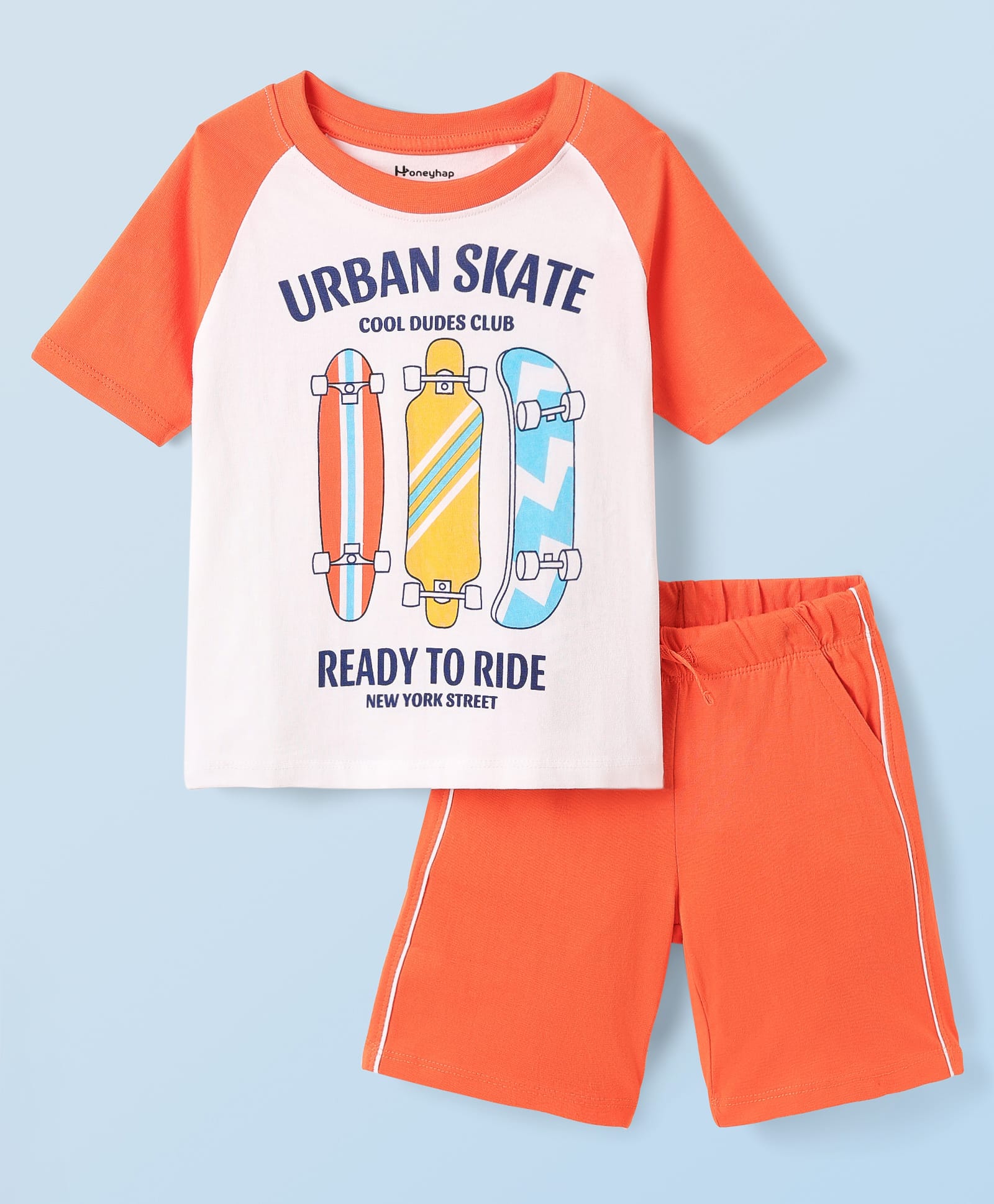 Honeyhap Premium 100% Cotton Knit Half Raglan Sleeves Shorts Night Suit with Bio Finish & Skating Print - Bright White & Firecracker-picture-2