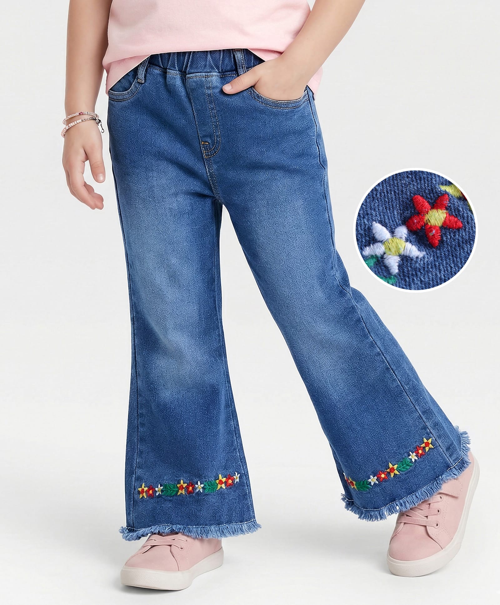 Mark & Mia Girls Cotton Lycra Denim Full Length Denim Boot Cut Jeans With Floral Embroidery Detailing - Blue-picture-22