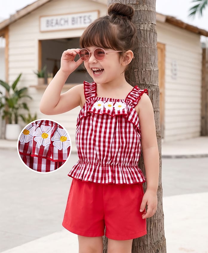 Mark & Mia Cotton Sleeveless Tops & Shorts Set with Checks - Red-image-21