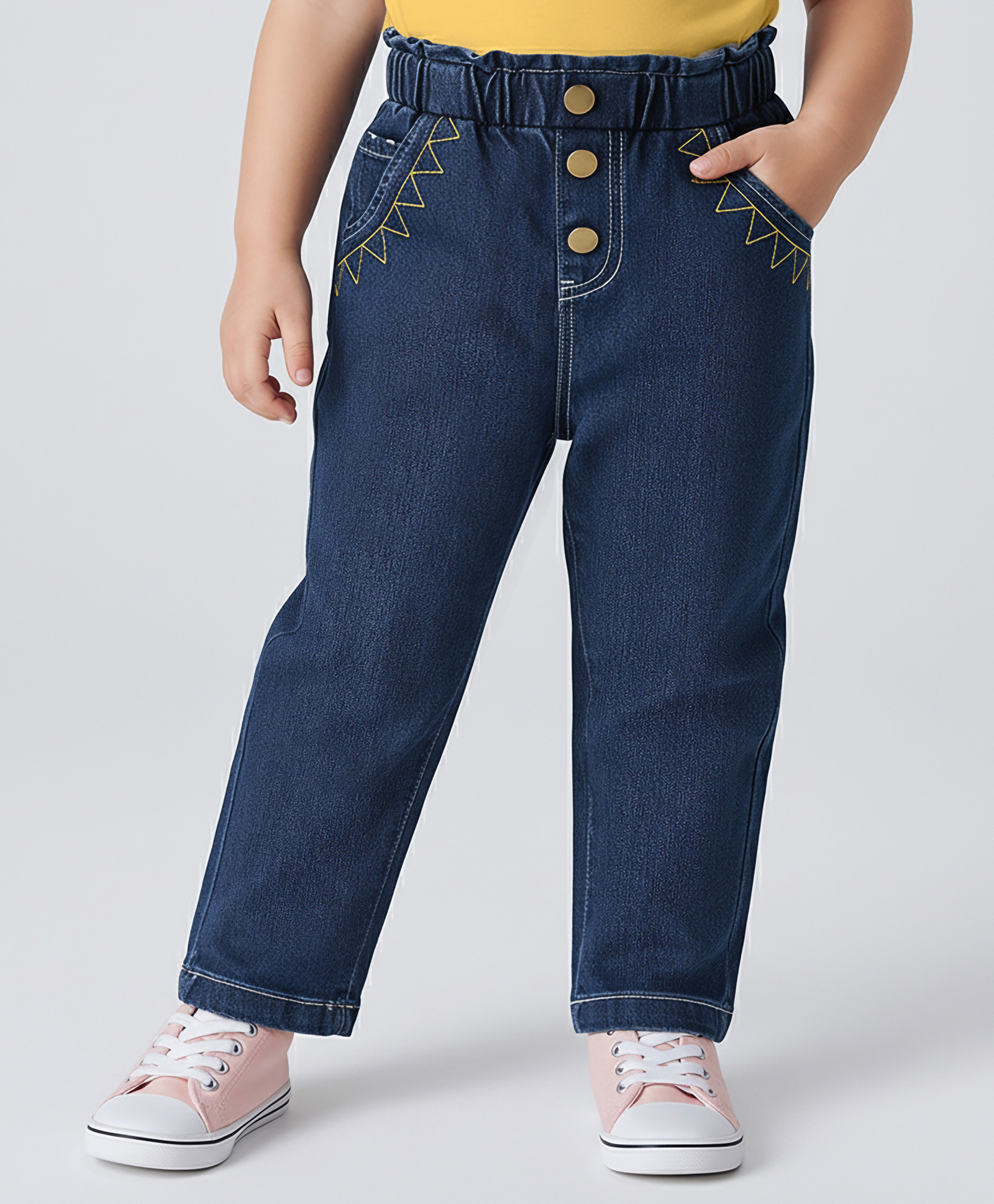 Mark & Mia Cotton Full Length Jeans with Embroidery & Paper Bag Waist - Navy Blue-picture-16