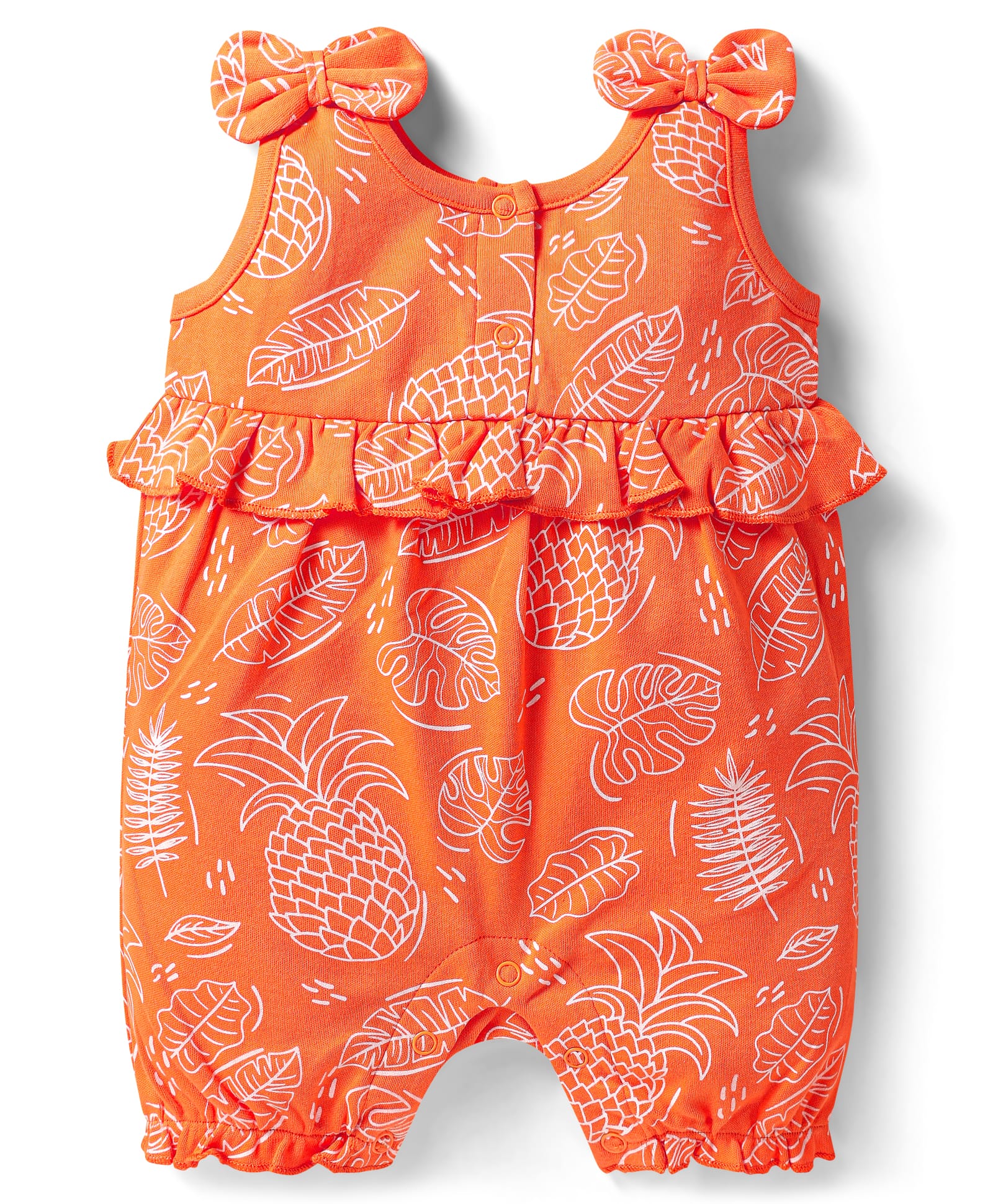 Babyhug 100% Cotton Knit Sleeveless Tropical Theme Printed Romper with Bow Applique - Orange-image-3
