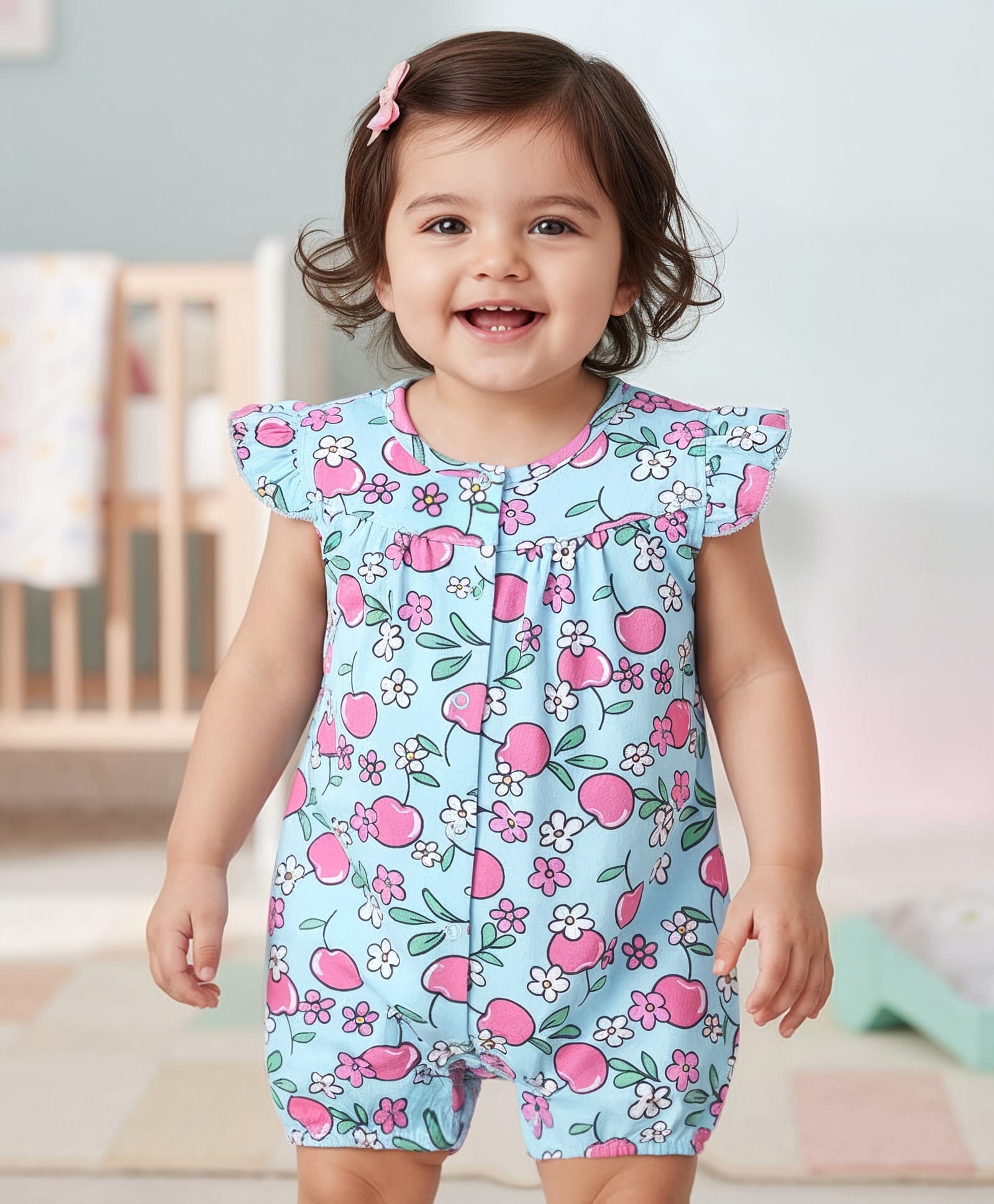 Babyhug 100% Cotton Knit Frill Sleeves Romper With Floral Print - Light Blue-image-35