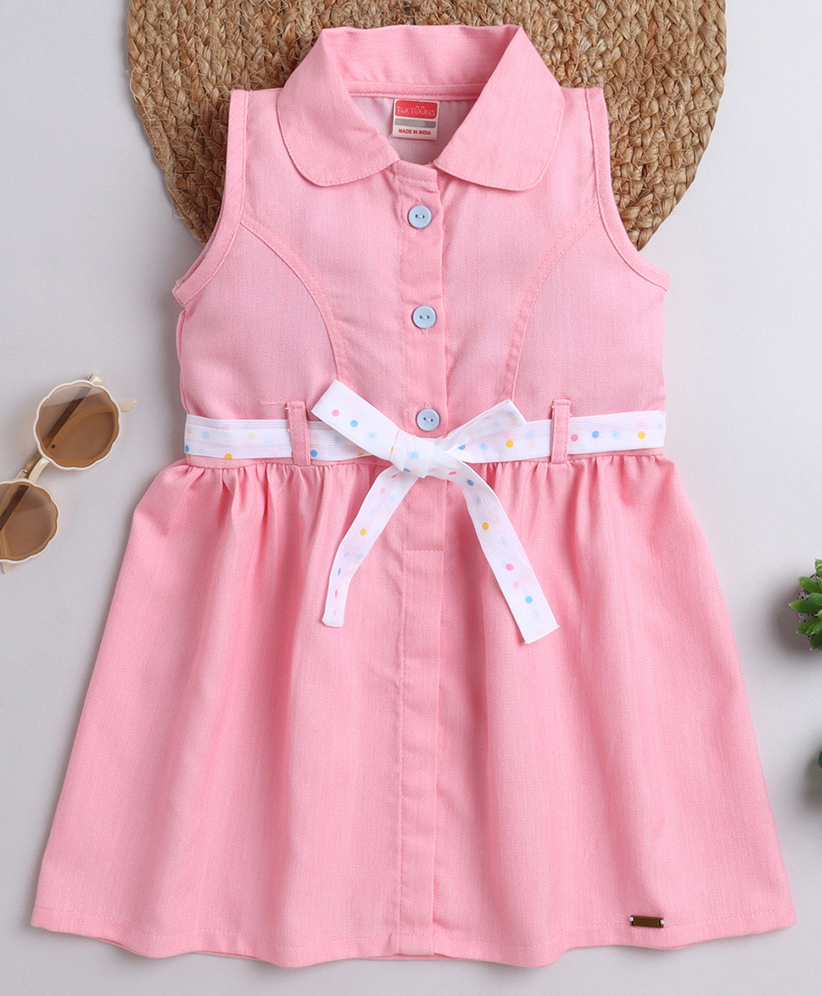 Twetoons Cotton Woven Sleeveless Solid Color Frock & Belt with Peter Pan Collar - Pink-image-2