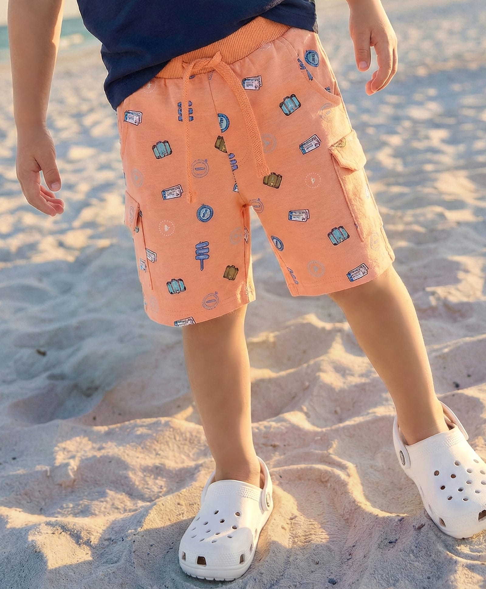 Babyhug Cotton KnitMid Thigh Shorts Travel Theme Print - Ligh Orange-picture-28