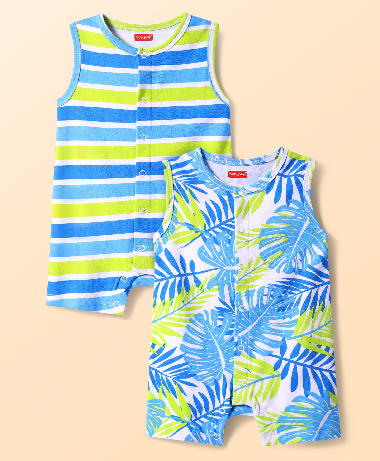 Babyhug 100% Cotton Knit Sleeveless Front Open Rompers with Leaves Print & Stripes Pack of 2 - Light Blue & Green-image-11