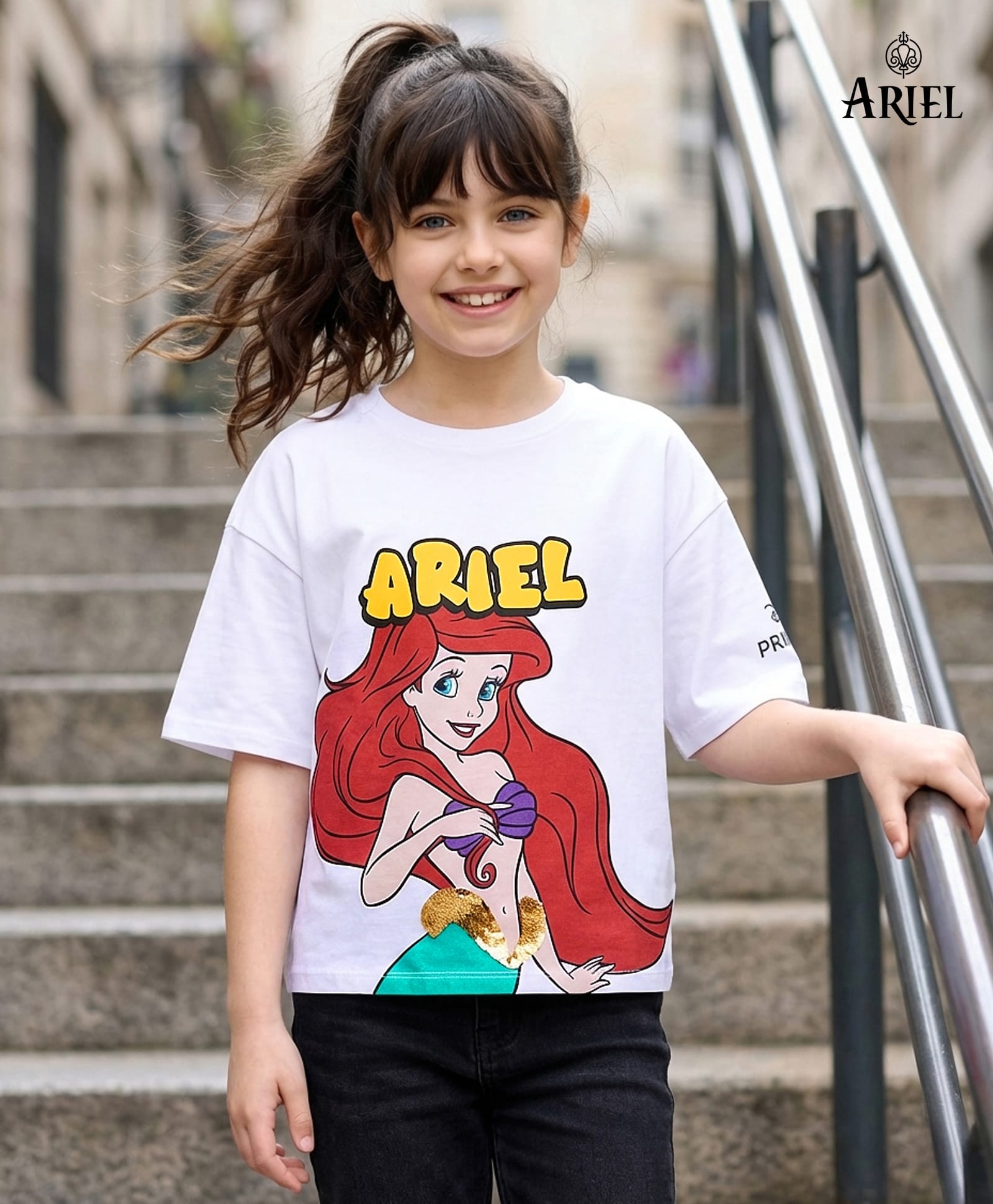 Pine Kids Disney Terry Knit Half Sleeves Oversize Drop Shoulder T-Shirt With Disney Princess Ariel Graphics And Sequins Detailing - White-picture-33