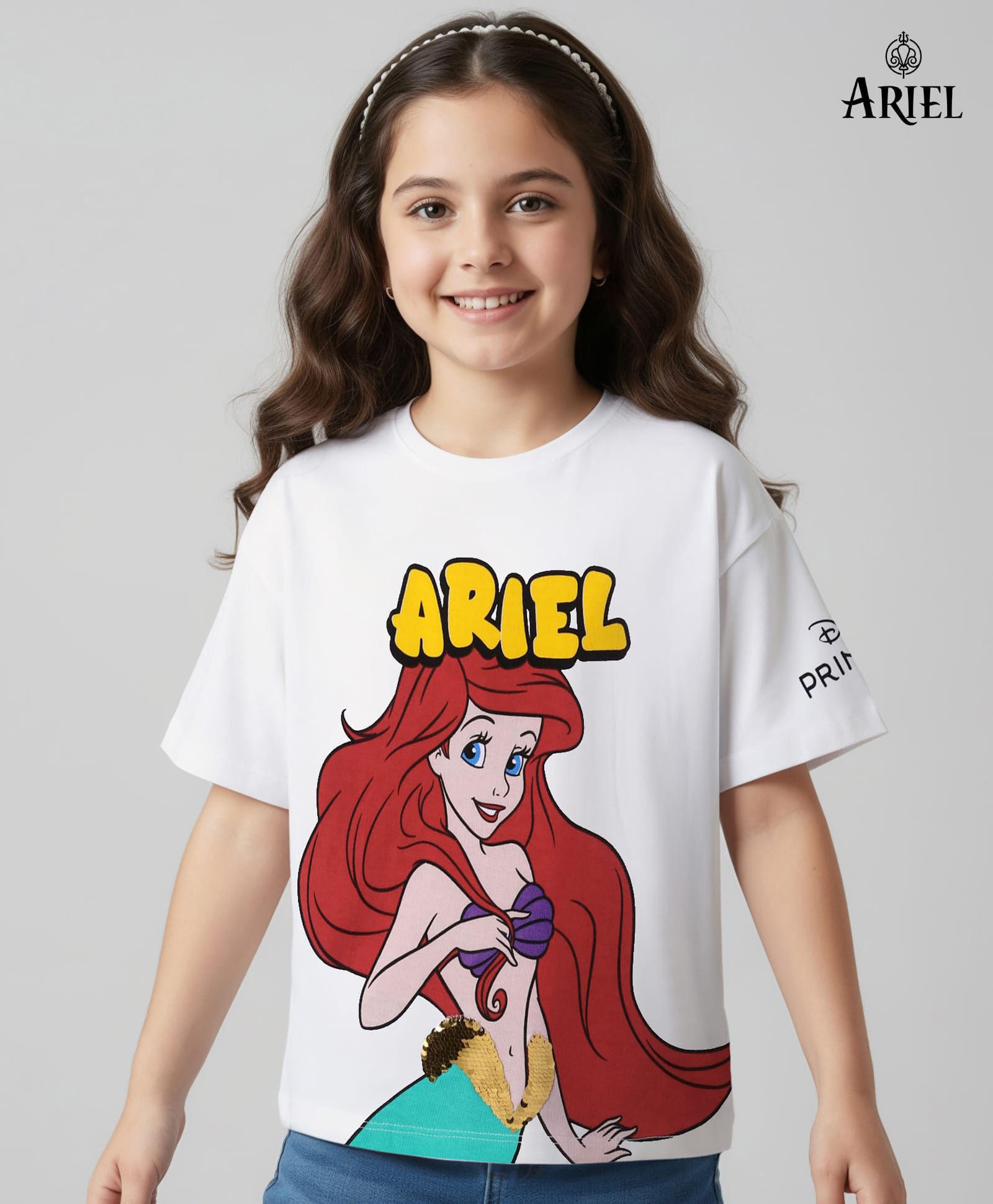 Pine Kids Disney Terry Knit Half Sleeves Oversize Drop Shoulder T-Shirt With Disney Princess Ariel Graphics And Sequins Detailing - White-picture-11