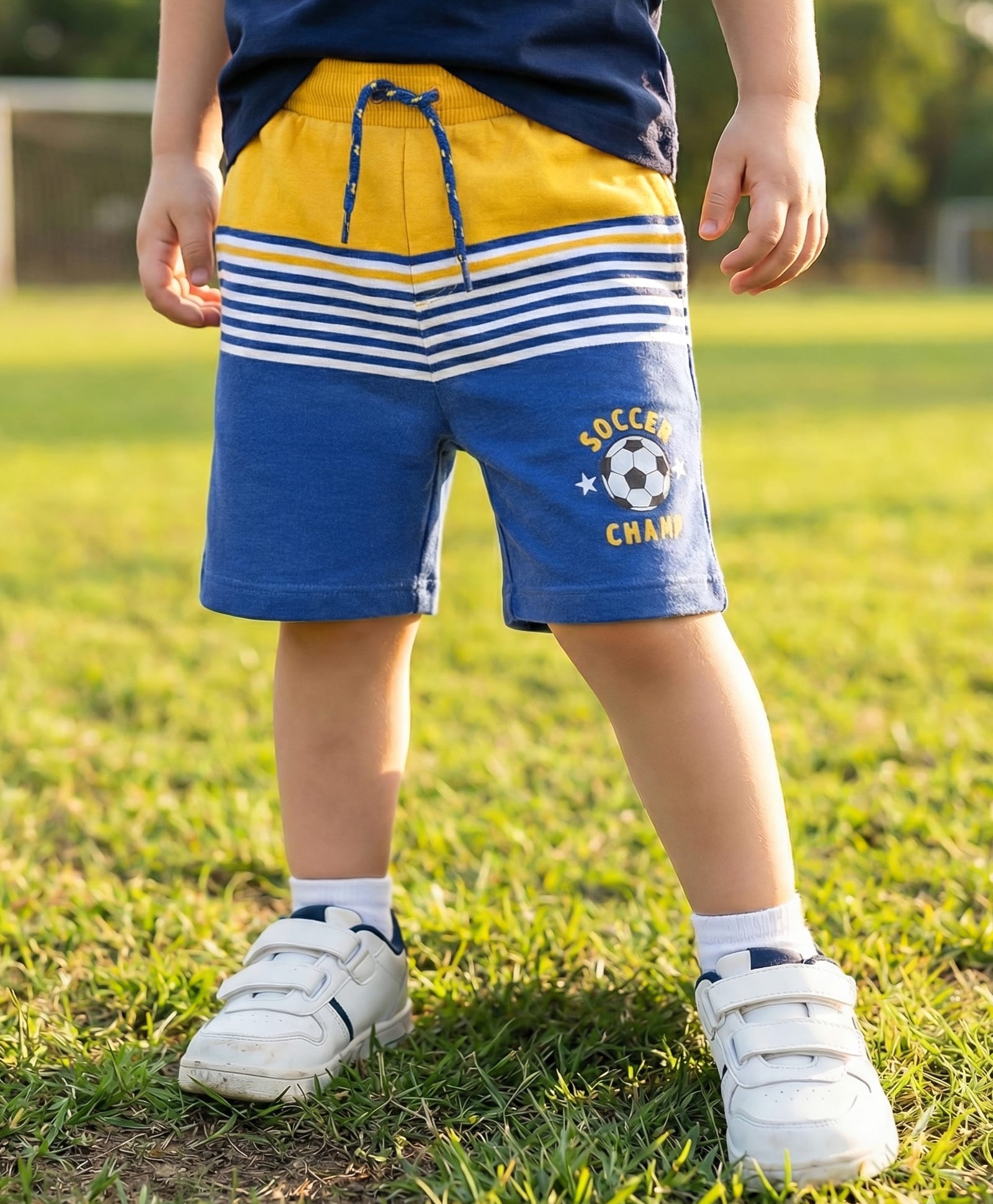 Babyhug Cotton Knit Mid Thigh Length Shorts with Stripes & Text Print- Navy Blue