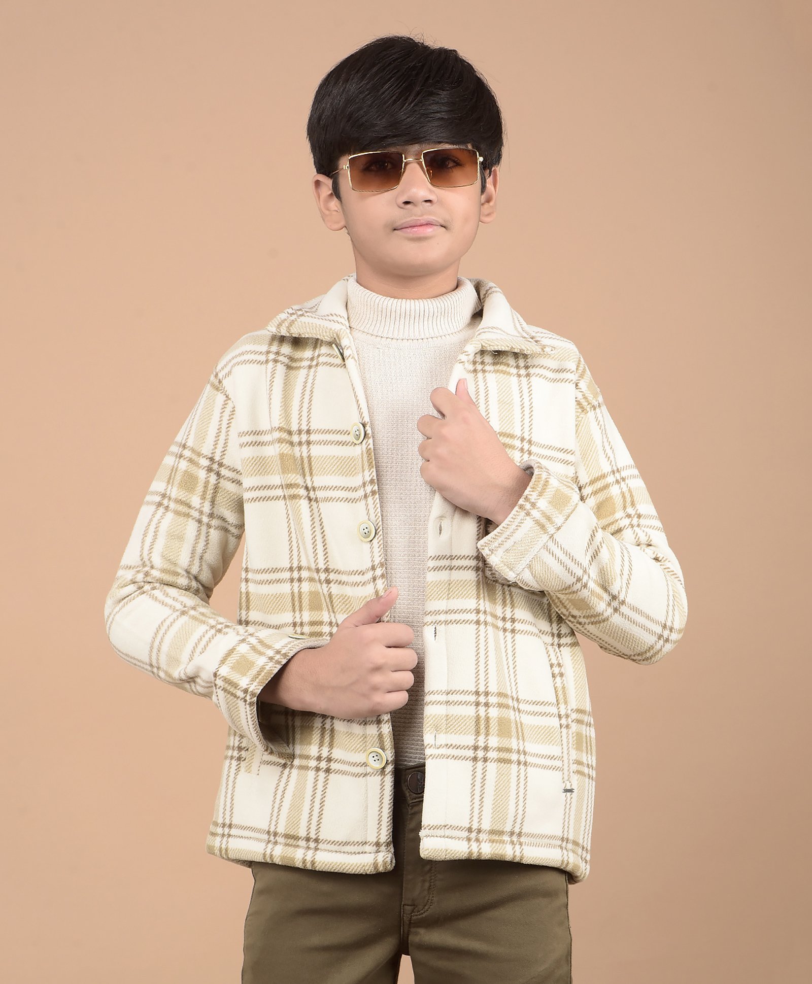 CRIMSOUNE CLUB Full Sleeves Checked Shacket - Beige-image-21