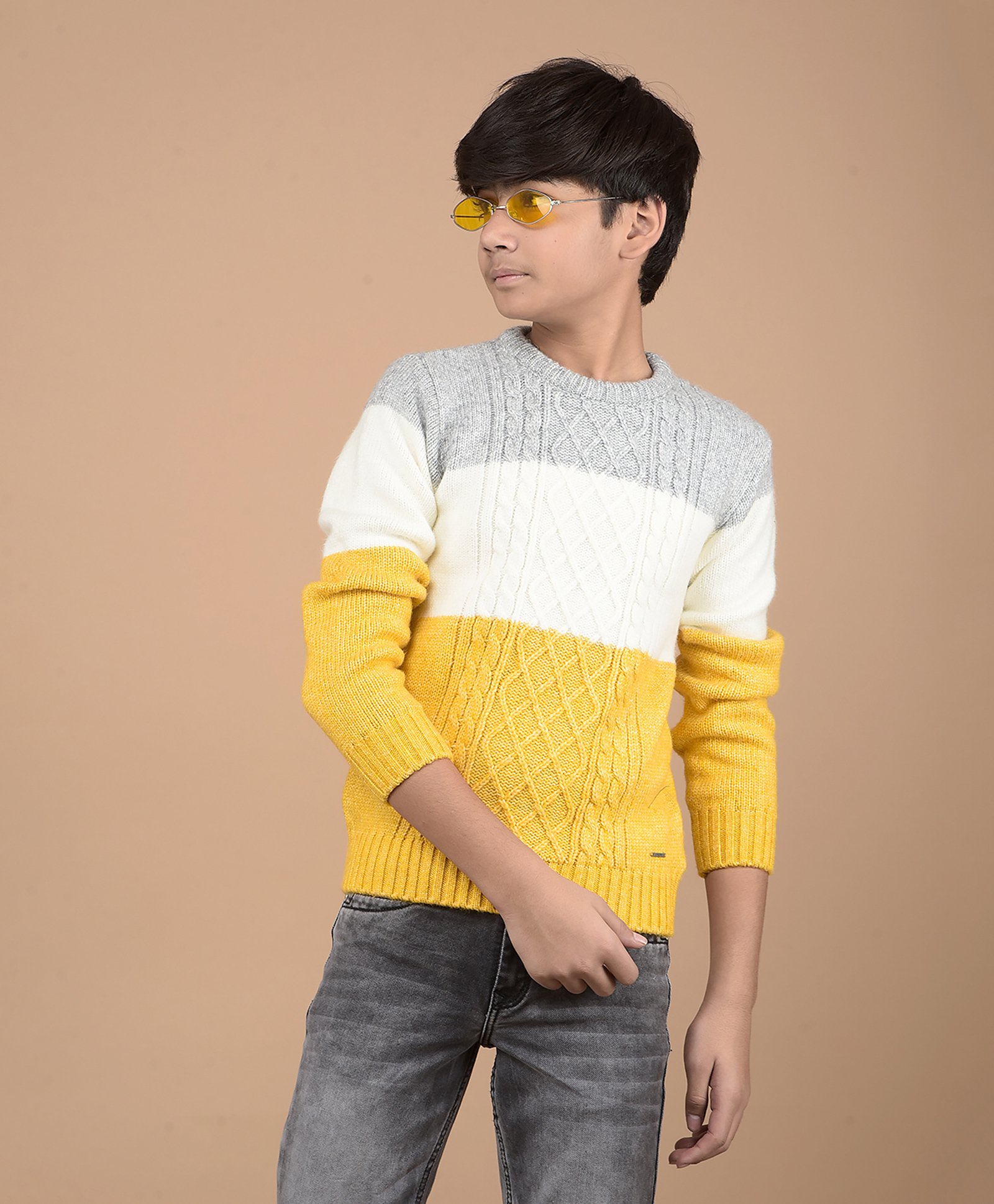 CRIMSOUNE CLUB Full Sleeves Cable Knit Designed Colour Blocked Sweater - Mustard Yellow-image-10
