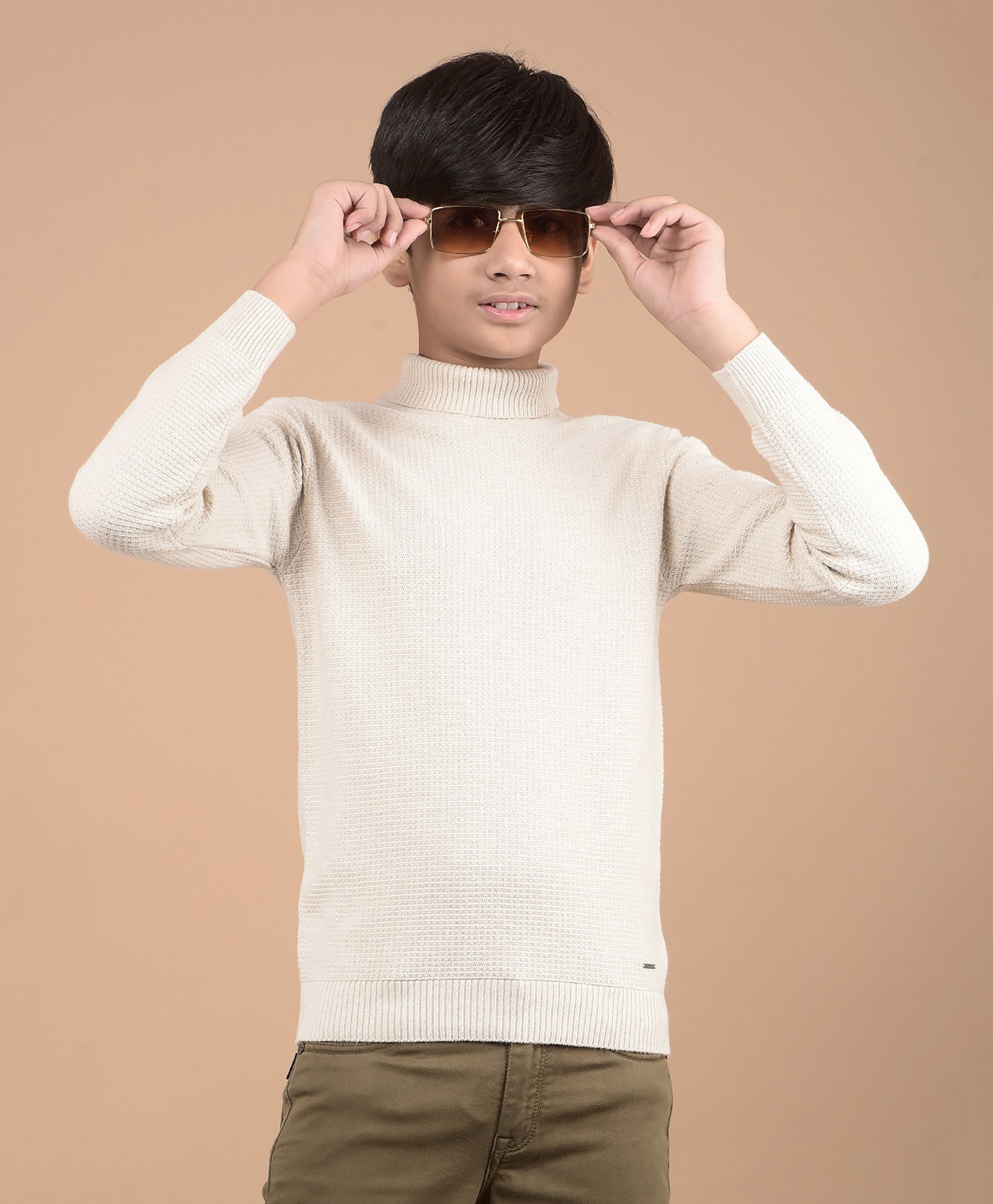 CRIMSOUNE CLUB 100% Cotton Full Sleeves Solid Sweater - Beige-picture-15