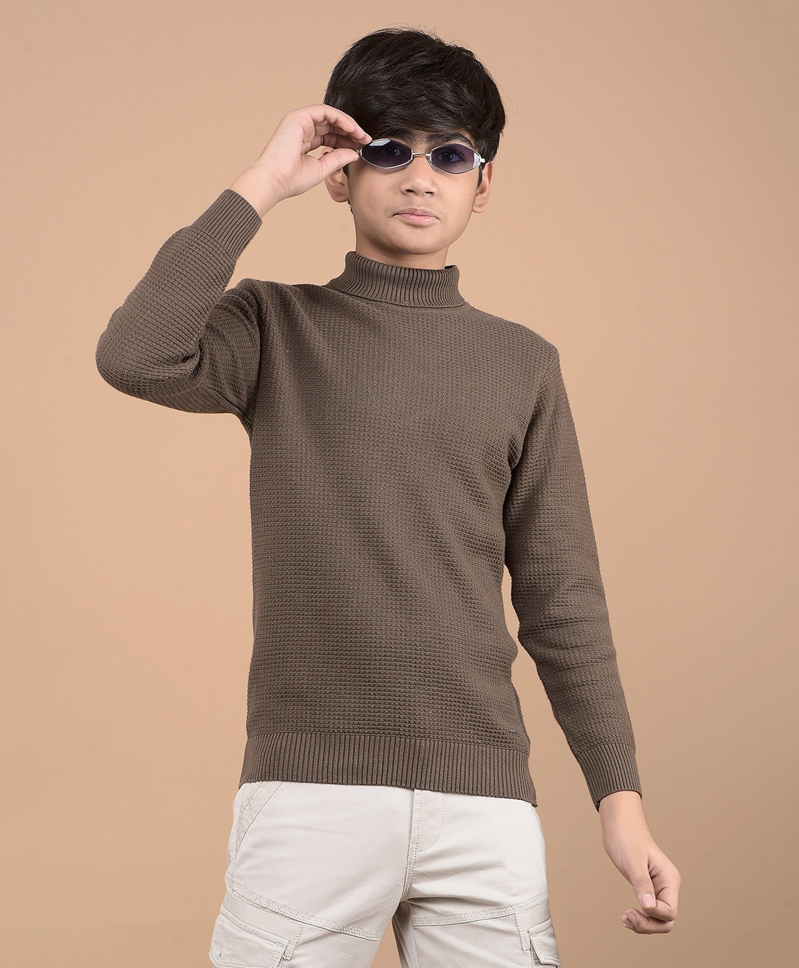 CRIMSOUNE CLUB 100% Cotton Full Sleeves Solid Sweater - Brown-picture-13