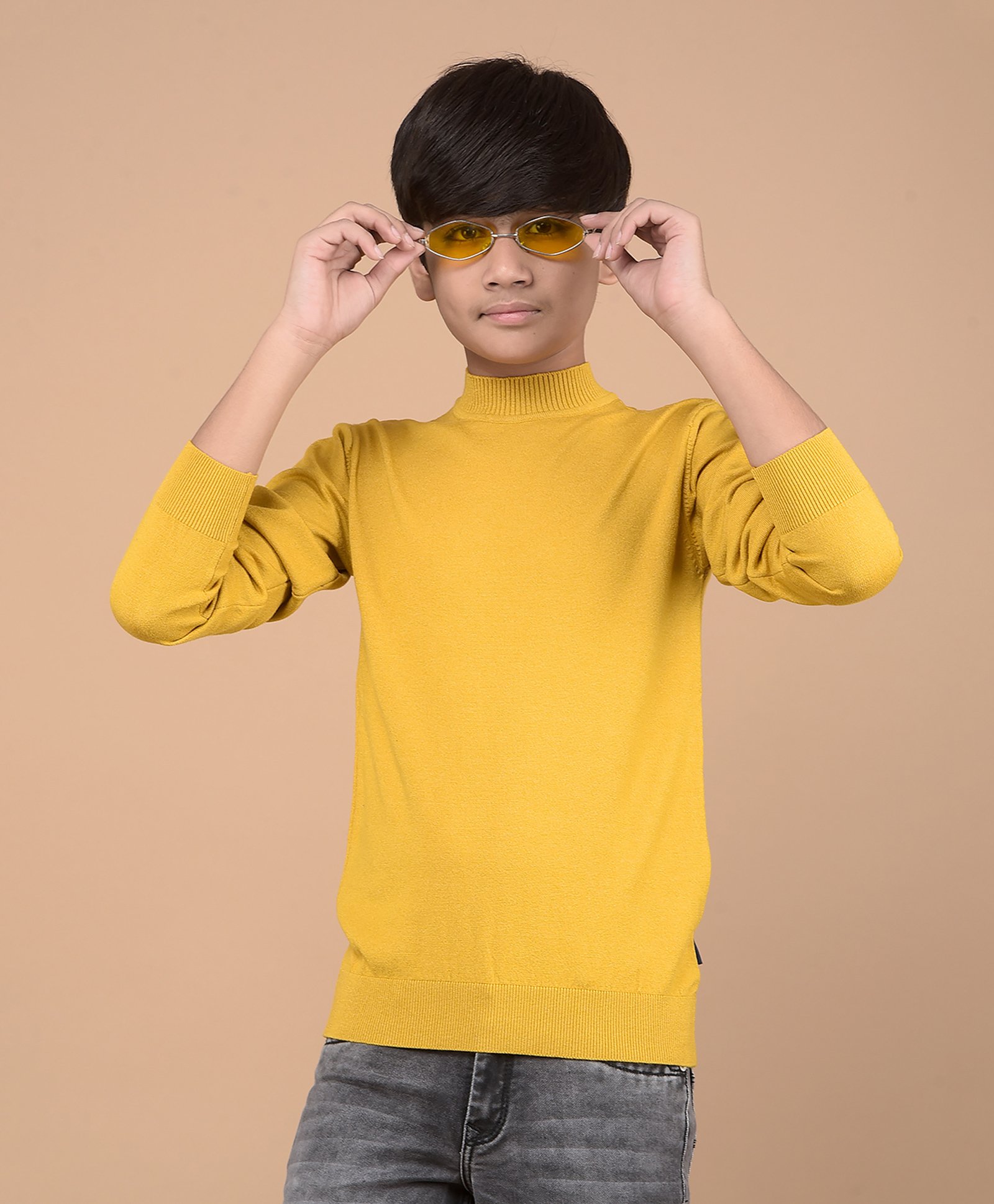 CRIMSOUNE CLUB 100% Cotton Full Sleeves Solid Sweater - Mustard Yellow-image-27