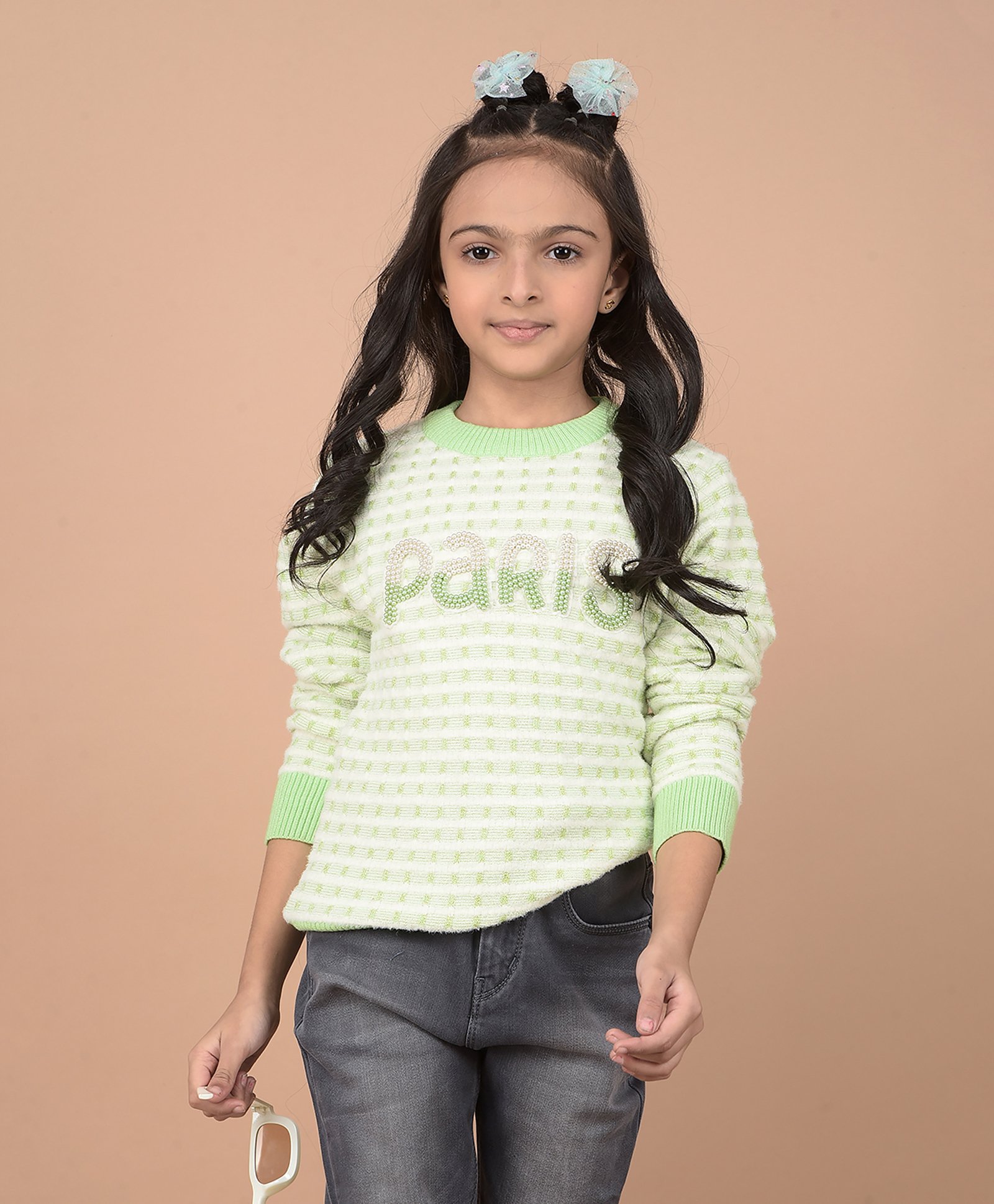 CRIMSOUNE CLUB Full Sleeves Paris Text Patch Detailed & Pearls Embellished Sweater - Green-picture-27