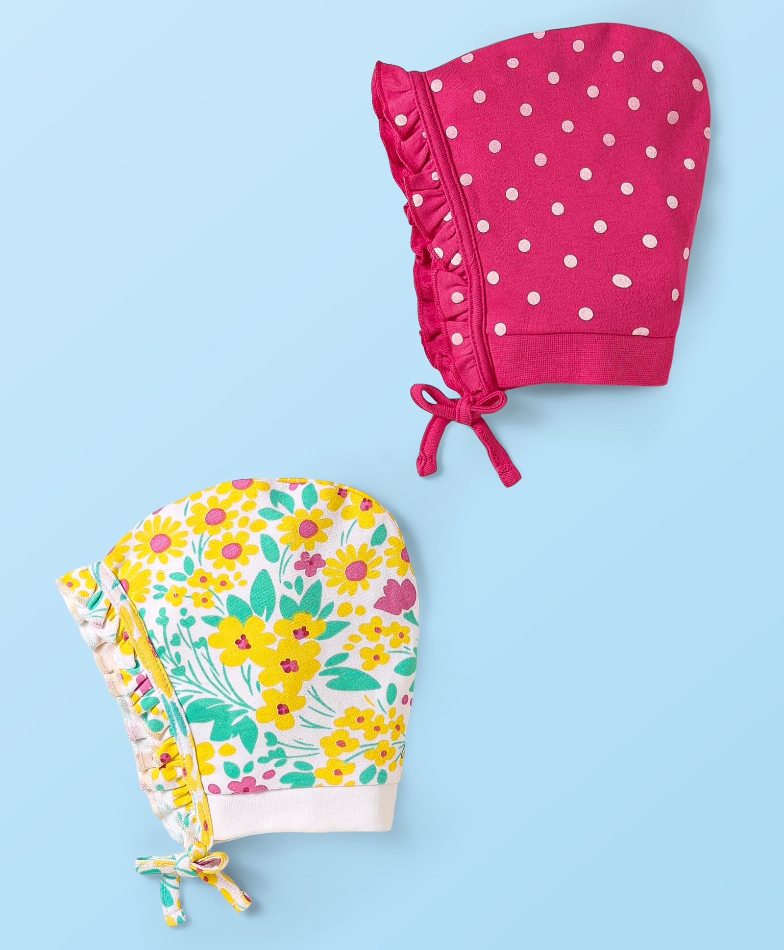 Babyhug 100% Cotton Interlock Knit Knoted Caps With Floral & Polka Dots Print Yellow & Pink Pack Of 2 - Diameter 22 cm-image-13