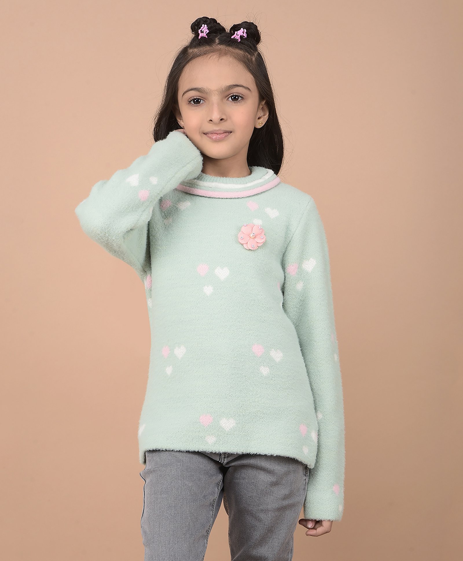 CRIMSOUNE CLUB Full Sleeves Floral Applique Detailed Hearts Designed Sweater - Green-image-35