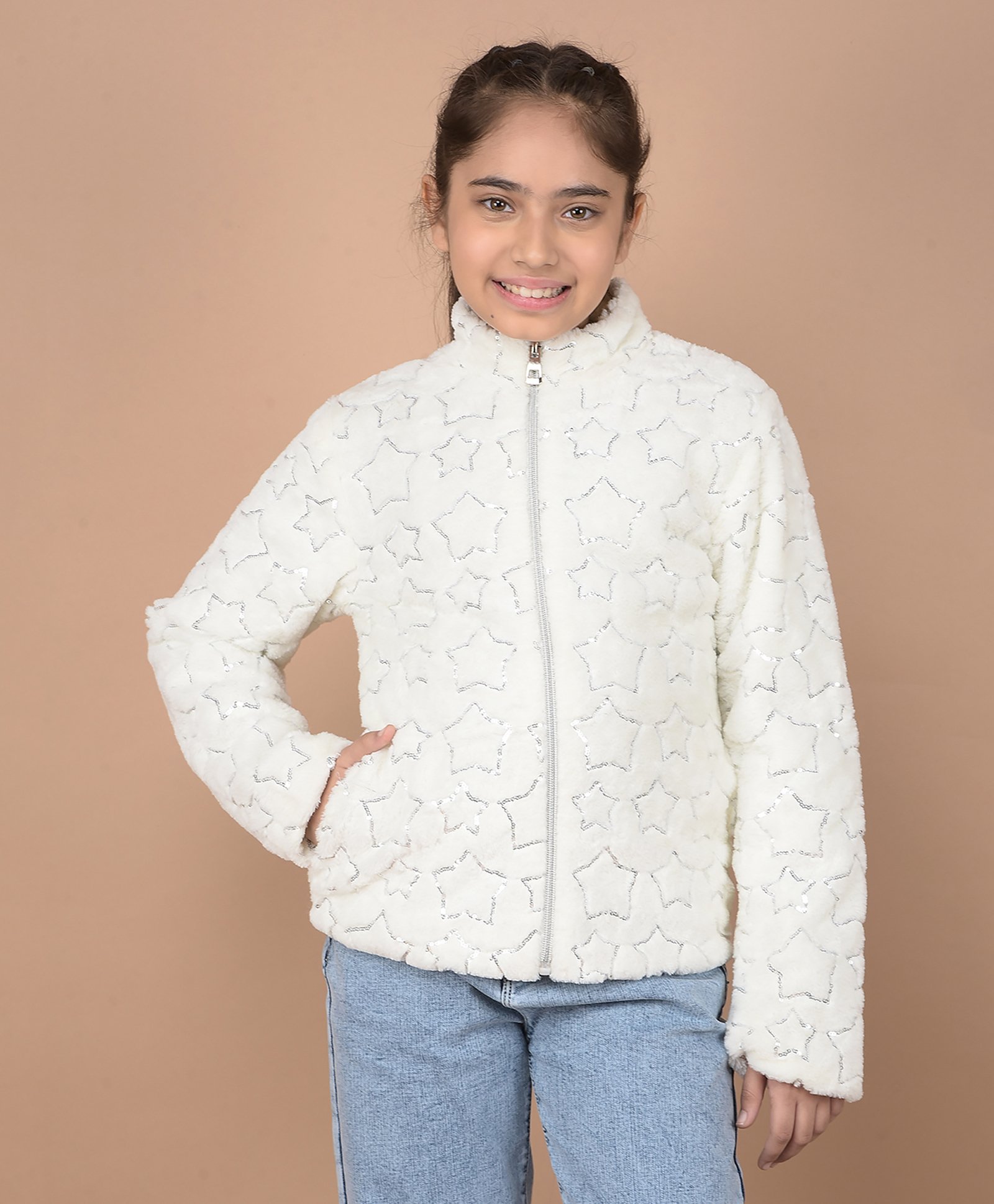 CRIMSOUNE CLUB Full Sleeves Star Sequin Embellished Jacket - White-picture-14