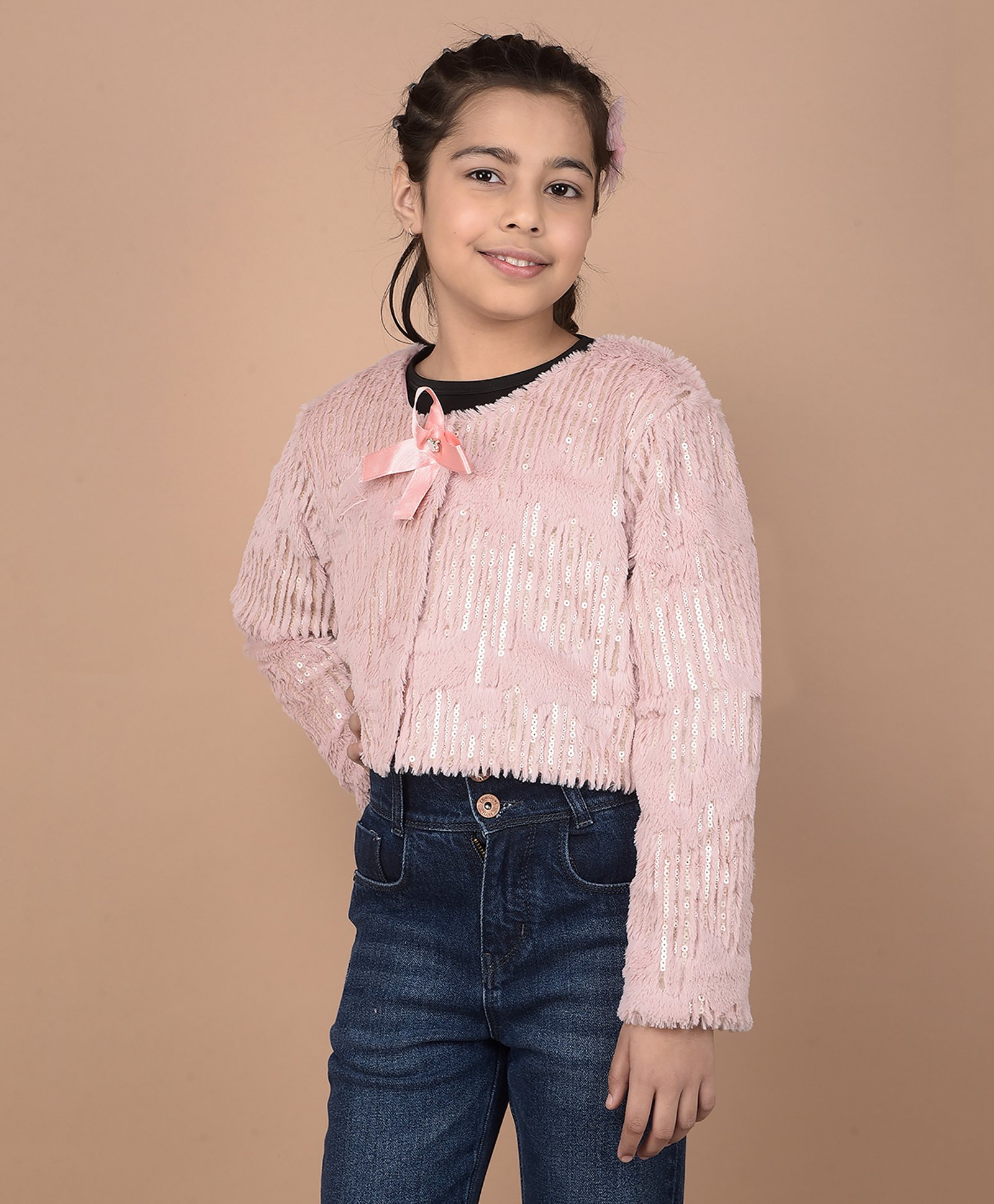 CRIMSOUNE CLUB Full Sleeves Sequins Embellished Bow Applique Detailed Cardigan - Pink-picture-22