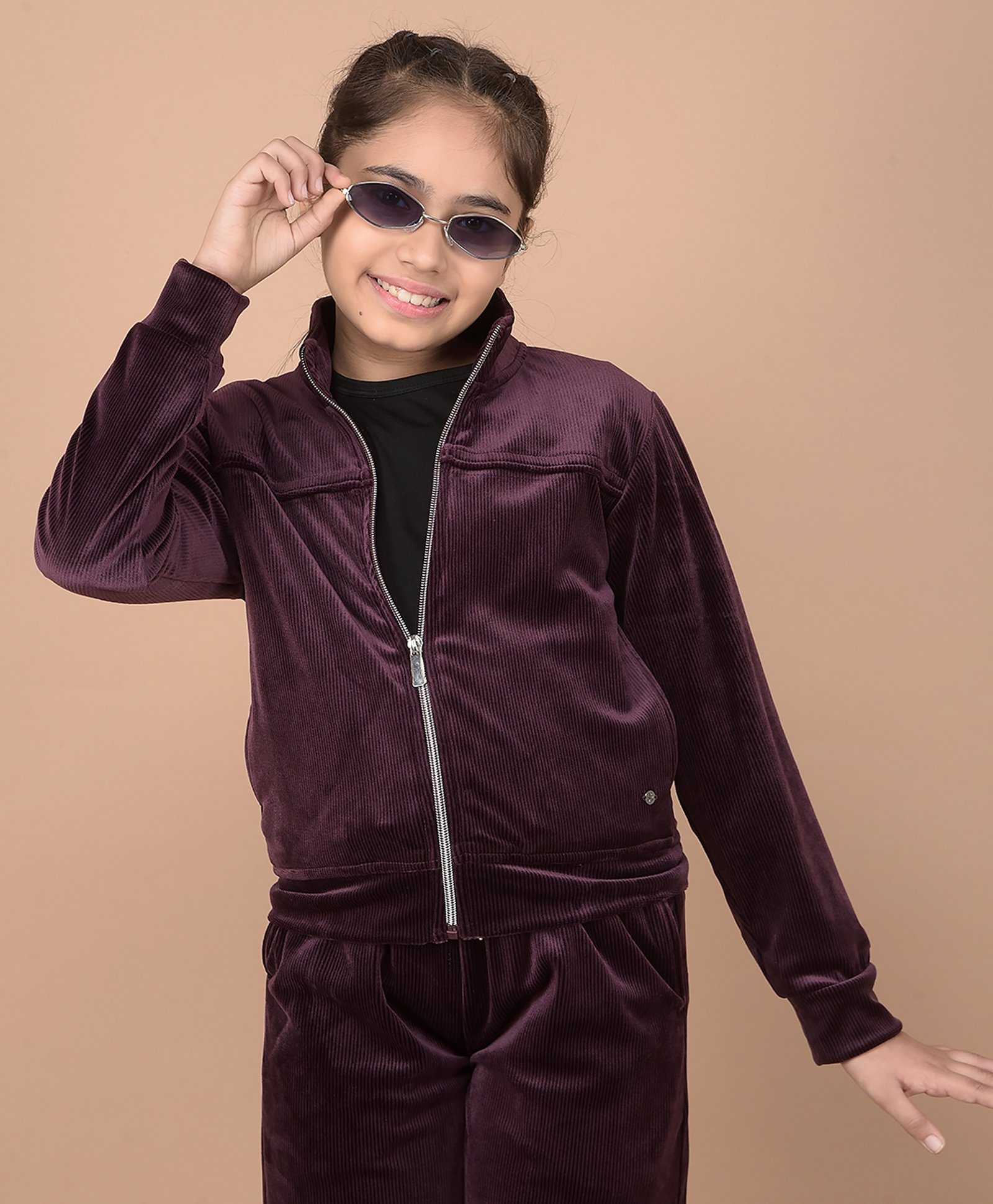 CRIMSOUNE CLUB Cotton Full Sleeves Ribbed Zipper Sweatshirt - Wine-image-49
