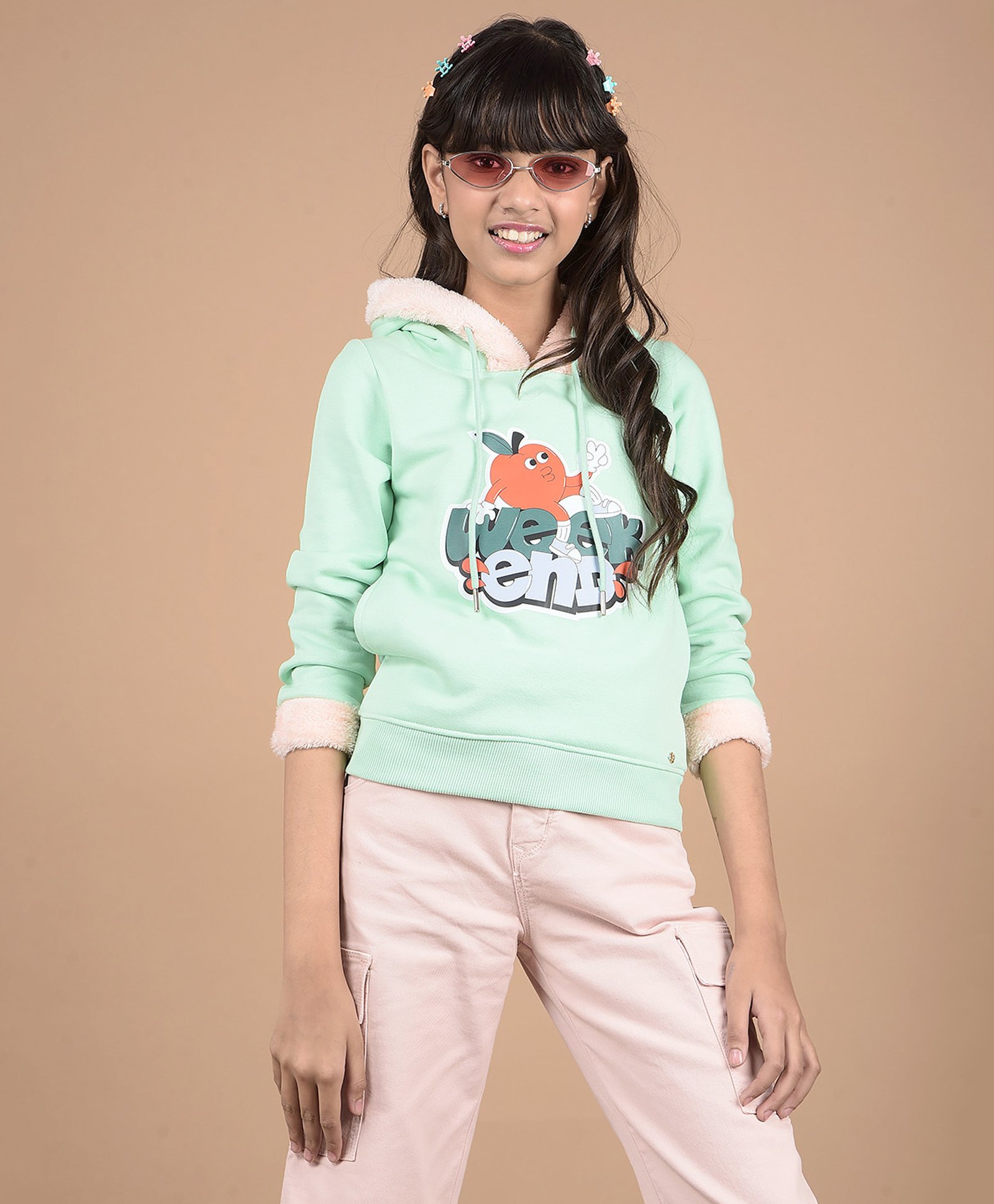 CRIMSOUNE CLUB Cotton Three Fourth Sleeves Weekend Text Printed Hooded Sweatshirt - Green-picture-21