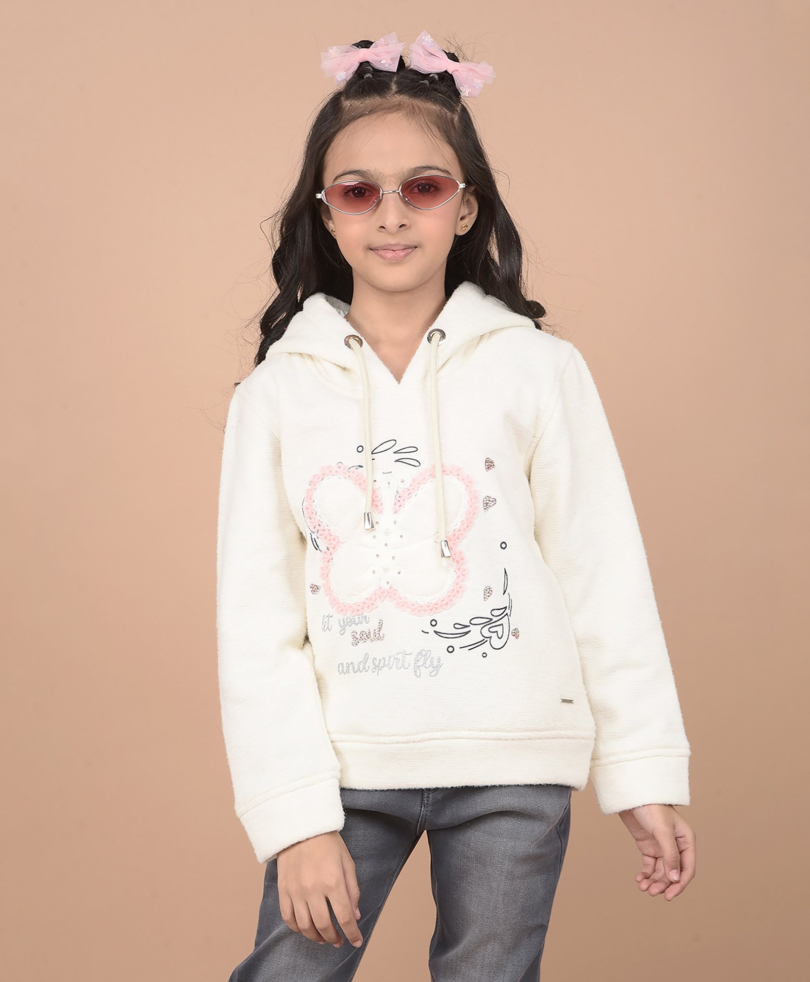 CRIMSOUNE CLUB Cotton Full Sleeves Butterfly Patch Detailed Hooded Sweatshirt - Cream-image-37