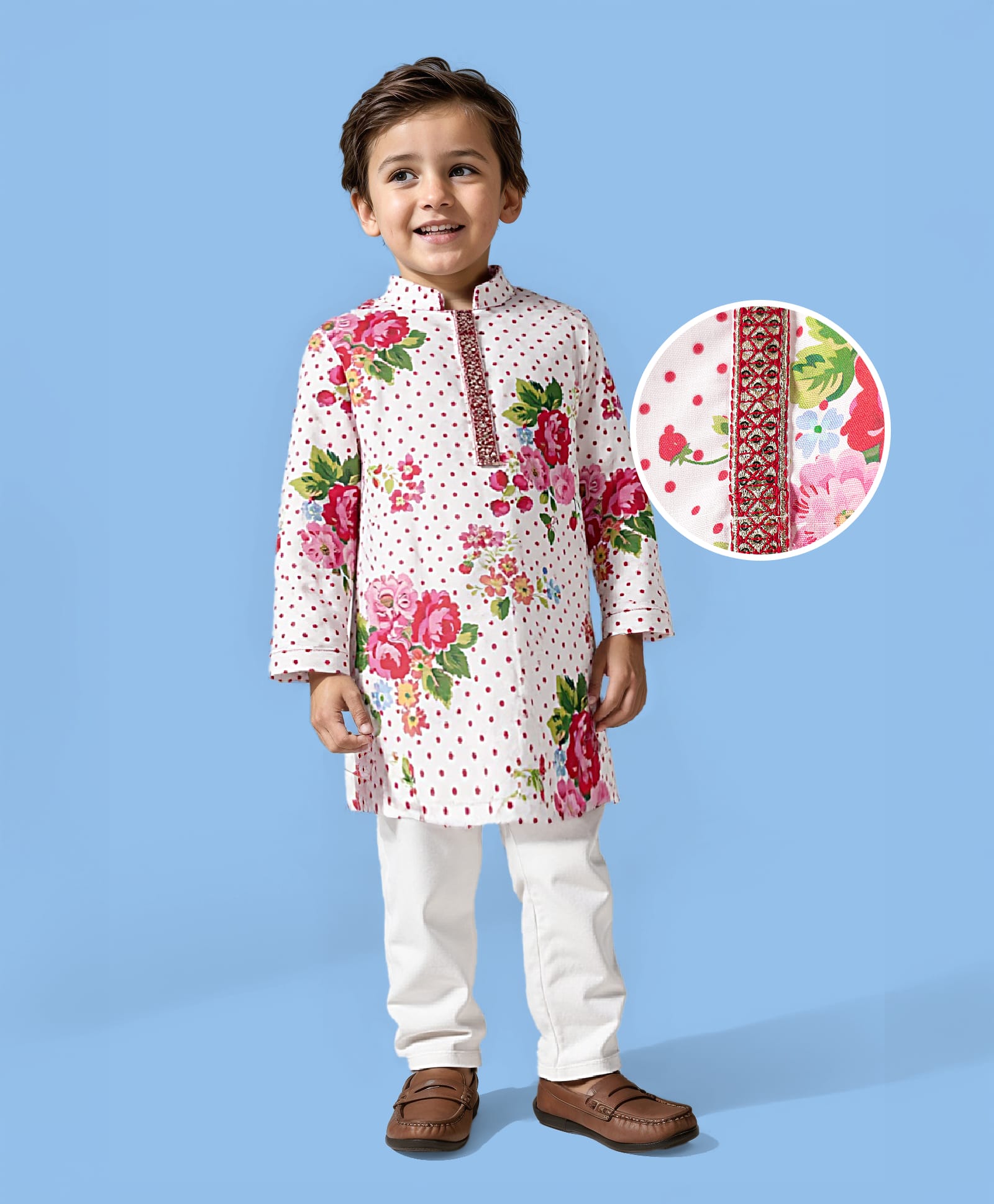 Babyhug Cotton Woven Full Sleeves Cambric Printed Kurta Pyjama Set With Polka Dot & Floral Print - White & Pink-picture-15