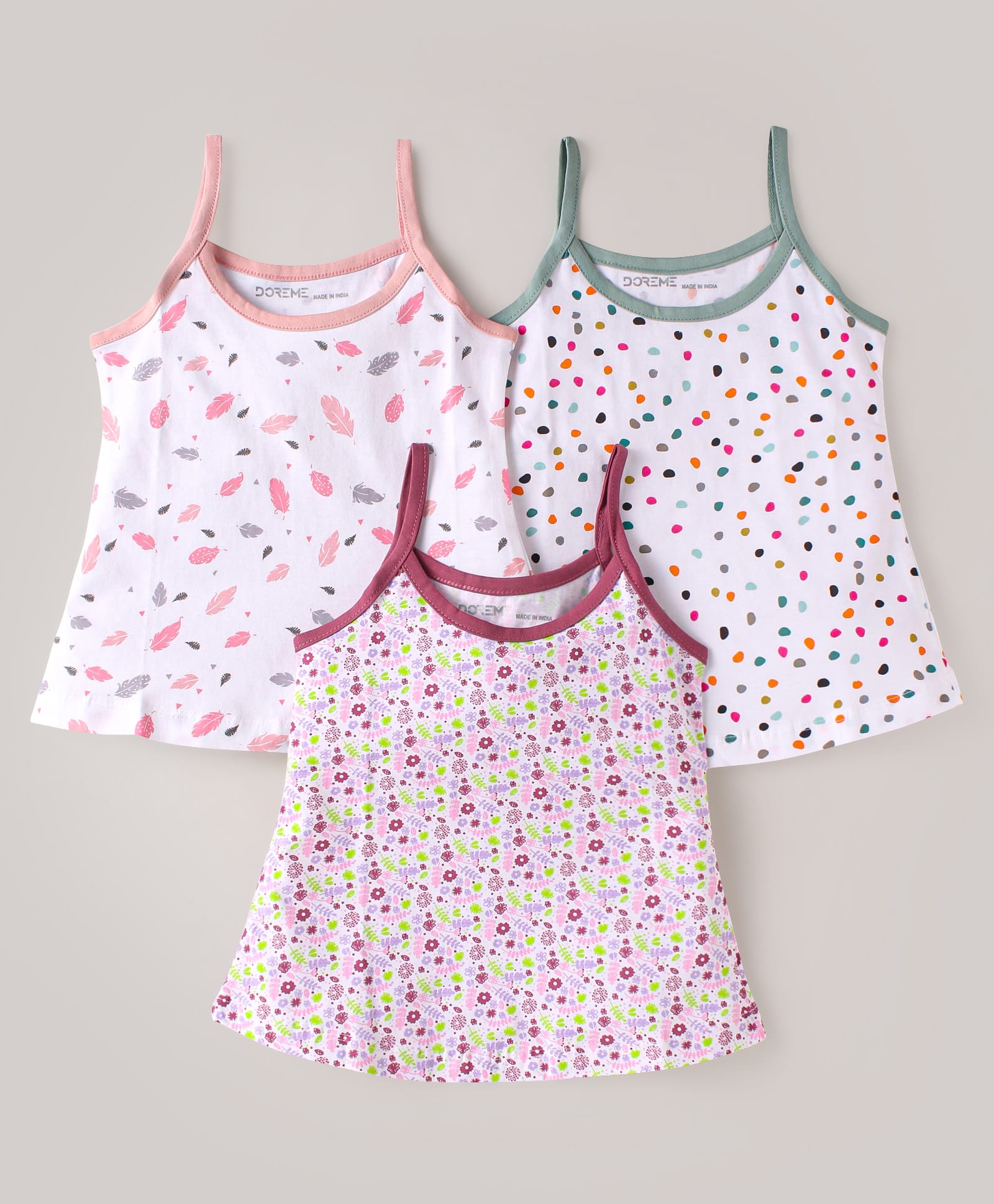 Doreme Single Jersey Knit Singlet Slips with Flower Bobby & Feather Print Pack of 3 - Pink Maroon & Olive-image-13