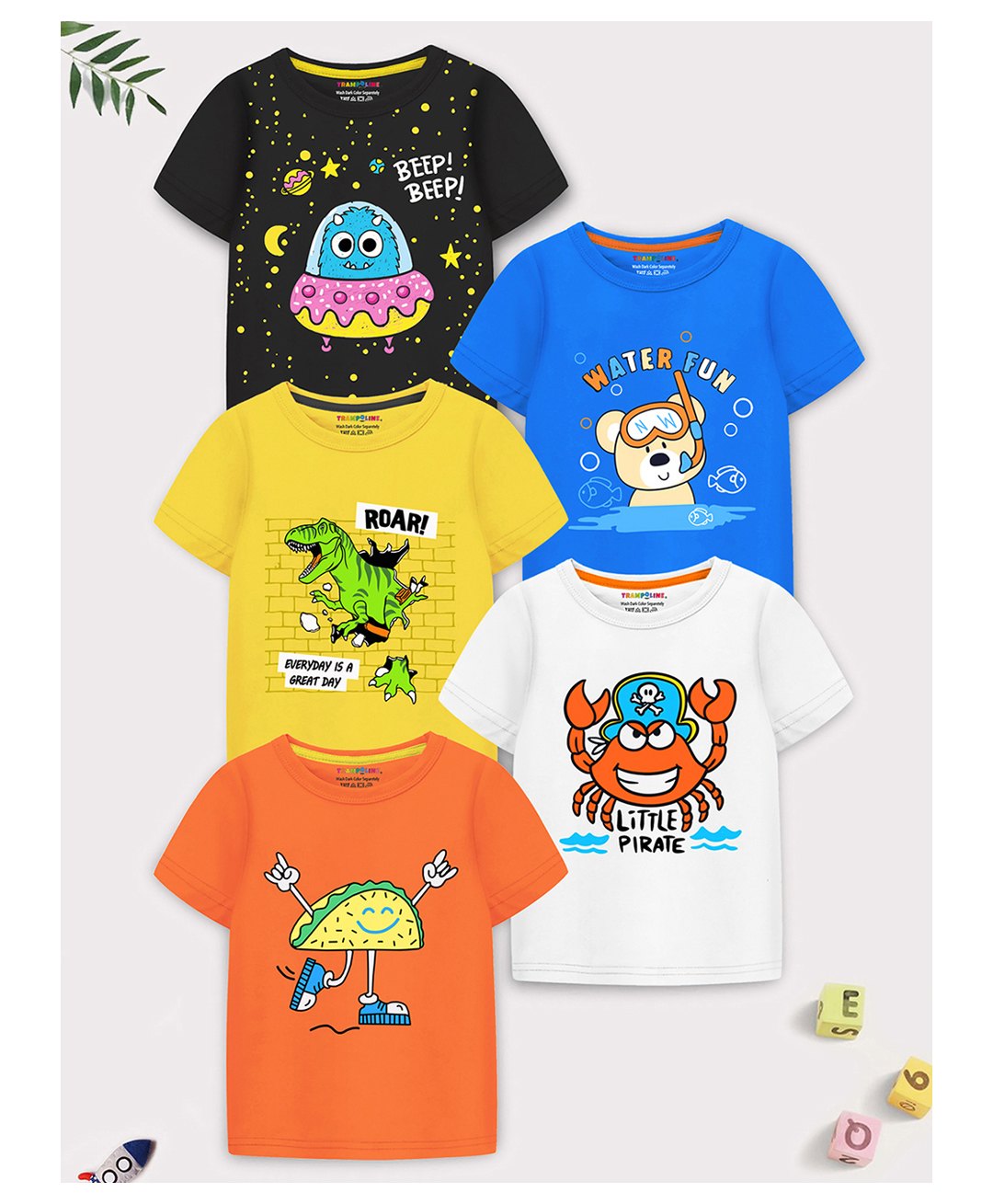 Trampoline Pack Of 5 Half Sleeves Little Pirate & Water Fun Text Printed Tees - Multi Colour-picture-39
