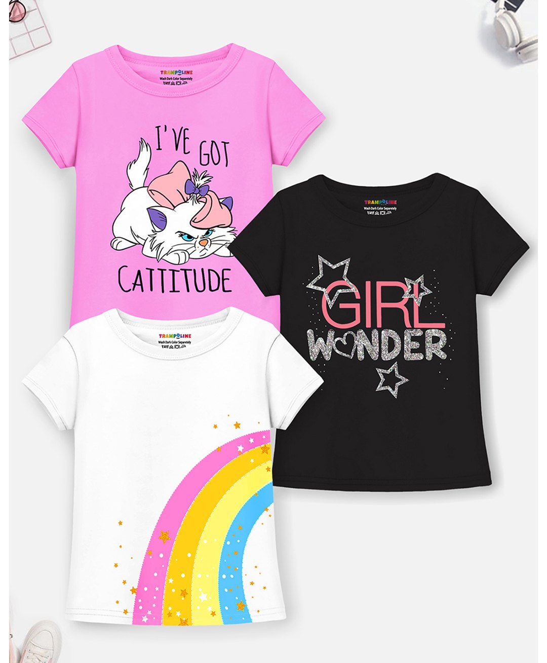 Trampoline Pack Of 3 Half Sleeves Rainbow & Girl Wonder Text Printed Tees - Purple White & Black-picture-12