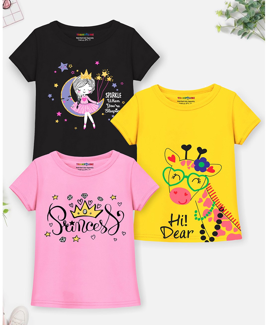 Trampoline Pack Of 3 Half Sleeves Princess & Giraffe Printed Tees - Pink Black & Yellow-picture-40