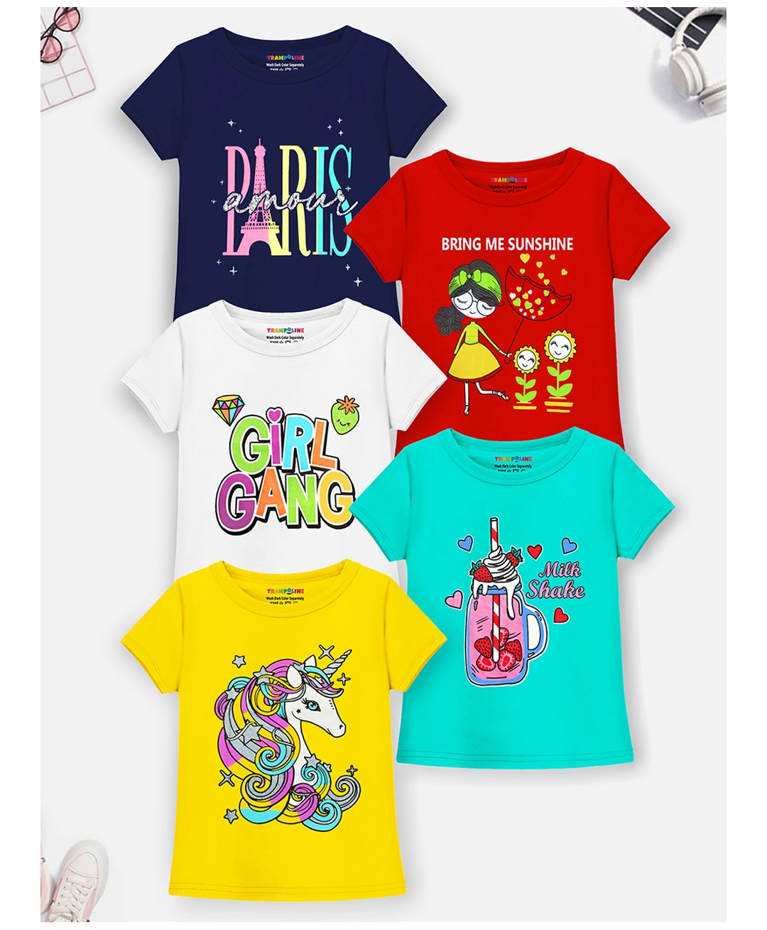 Trampoline Pack Of 5 Half Sleeves Girl Gang & Paris Text Printed Tees - Multi Colour-picture-18