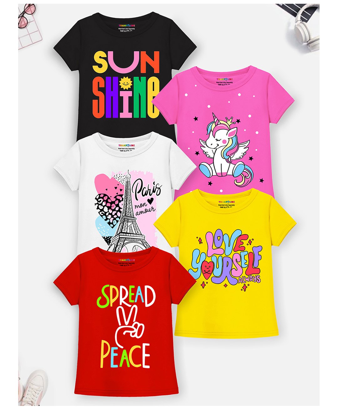 Trampoline Pack Of 5 Half Sleeves Sun Shine & Spread Peace Text Printed Tees - Multi Colour-image-18