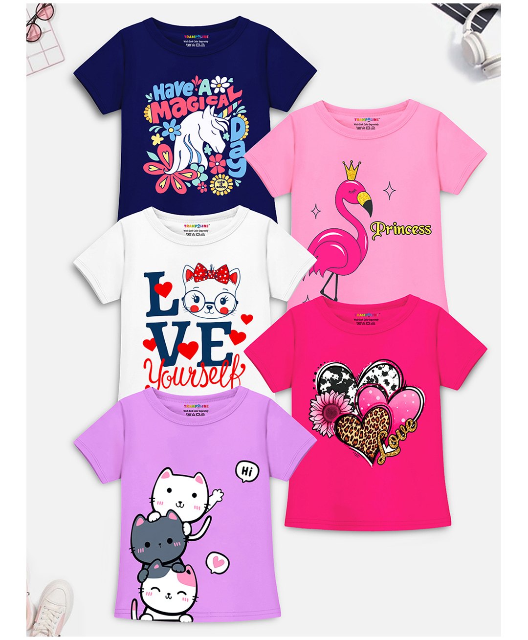 Trampoline Pack Of 5 Half Sleeves Heart & Love Yourself Text Printed Tees - Multi Colour-picture-37