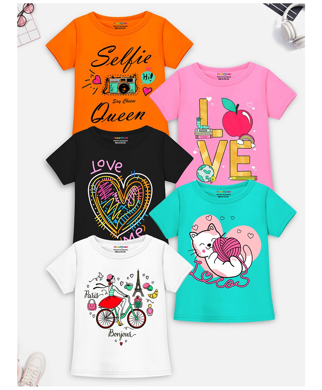 Trampoline Pack Of 5 Half Sleeves Selfie Queen & Love Me Text Printed Tees - Multi Colour-picture-13