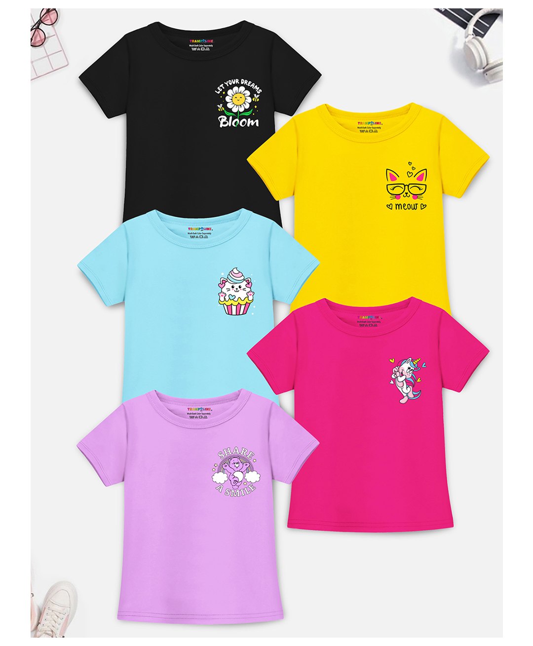 Trampoline Pack Of 5 Half Sleeves Share A Smile & Meow Text Printed Tees - Multi Colour-image-11