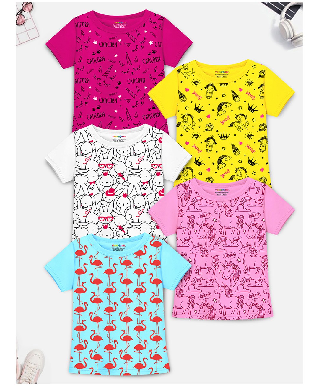 Trampoline Pack Of 5 Half Sleeves Flamingo & Unicorn Printed Tees - Multi Colour-picture-33