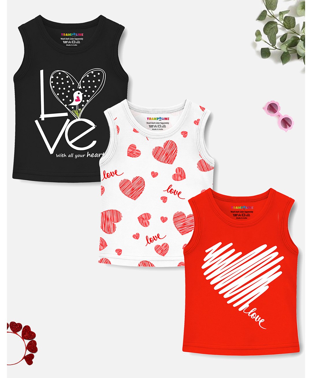 Trampoline Cotton Blend Pack Of 3 Sleeveless Hearts & Typography Printed Tees - Red Black & White-picture-19