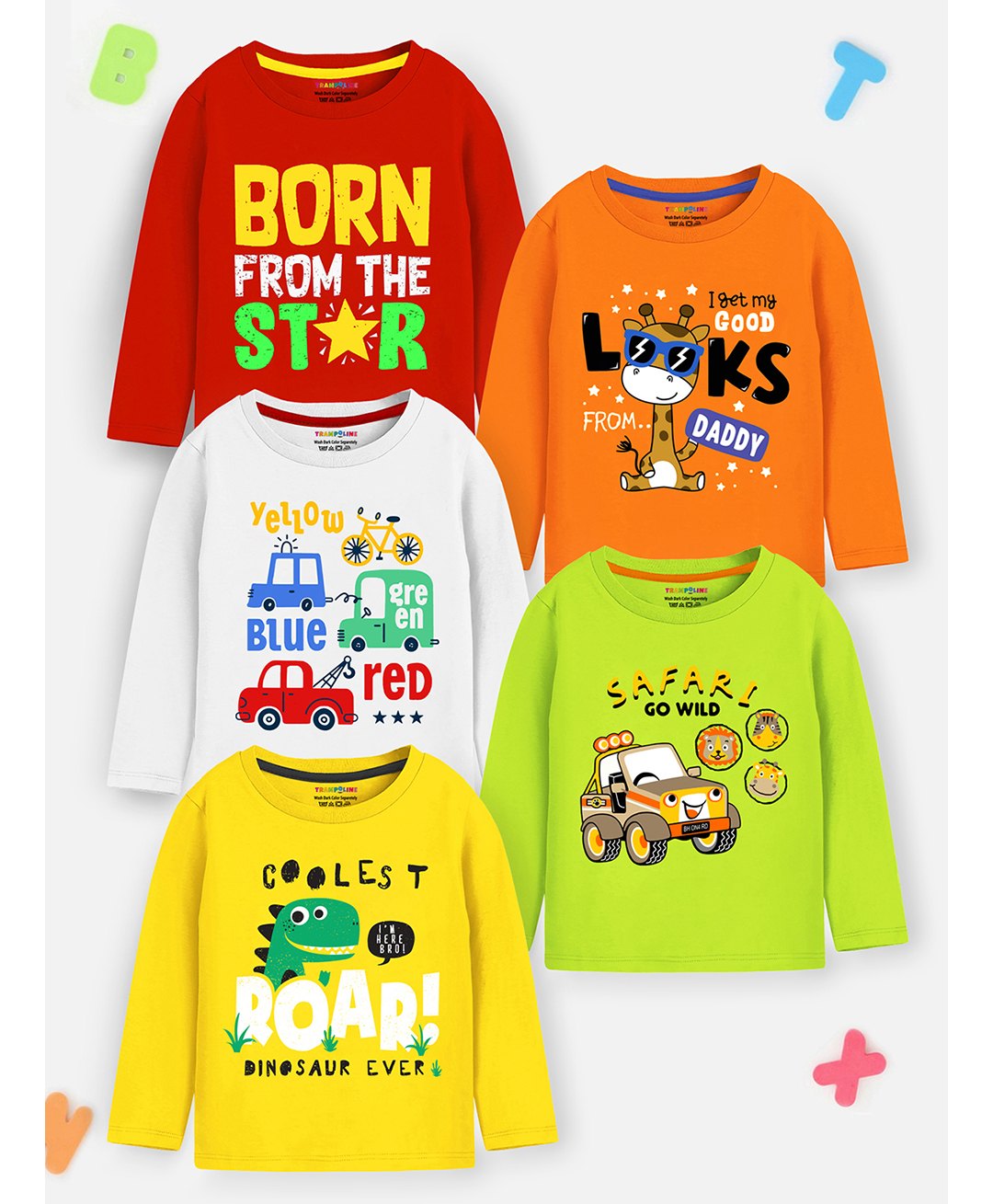 Trampoline Pack Of 5 Full Sleeves Car & Safari Printed Tees - Multi Colour-picture-34