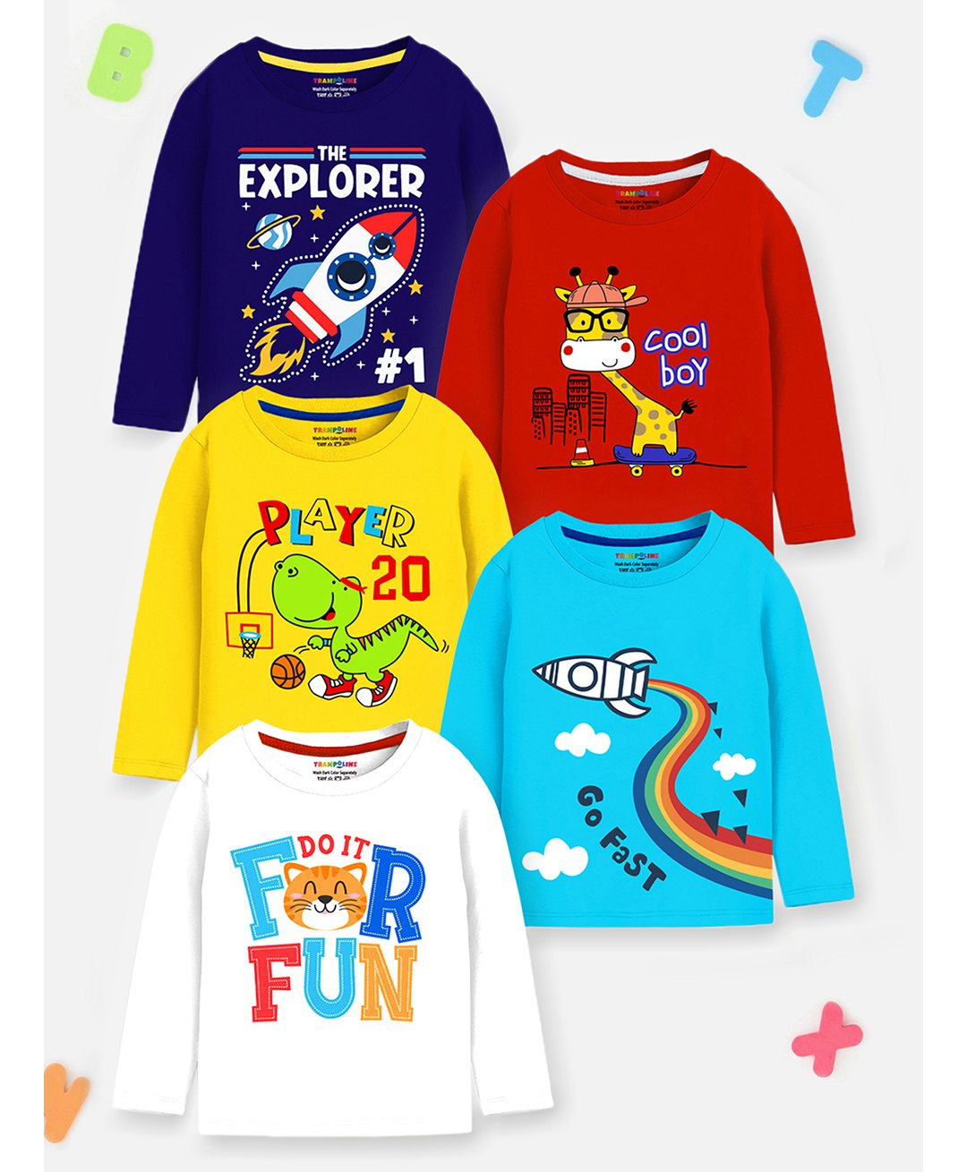 Trampoline Pack Of 5 Full Sleeves Cool Boys & Space Theme Printed Tees - Multi Colour-picture-36